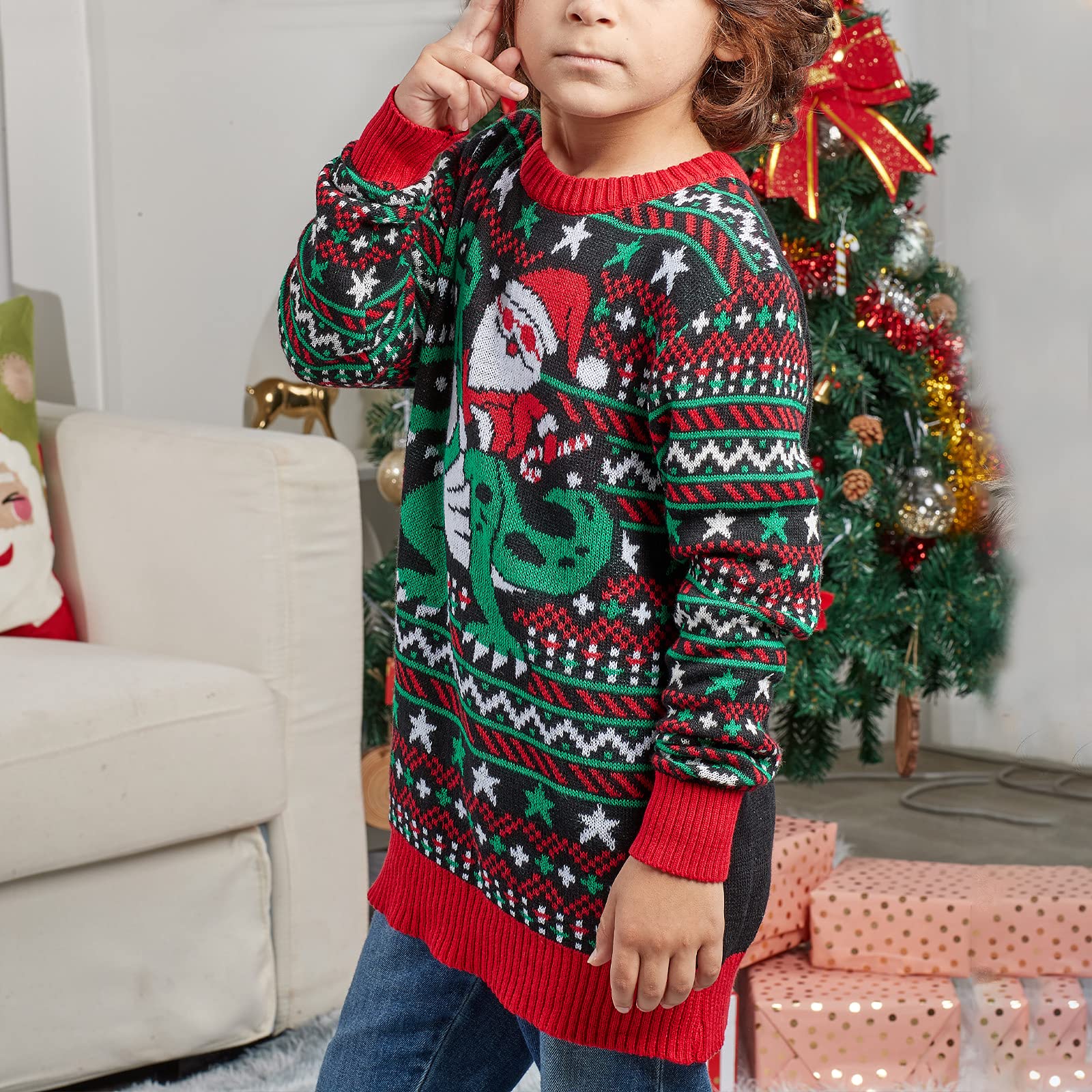 Dinosaur Christmas Sweaters - Family Matching Holiday Party Outfits for Festive Fun