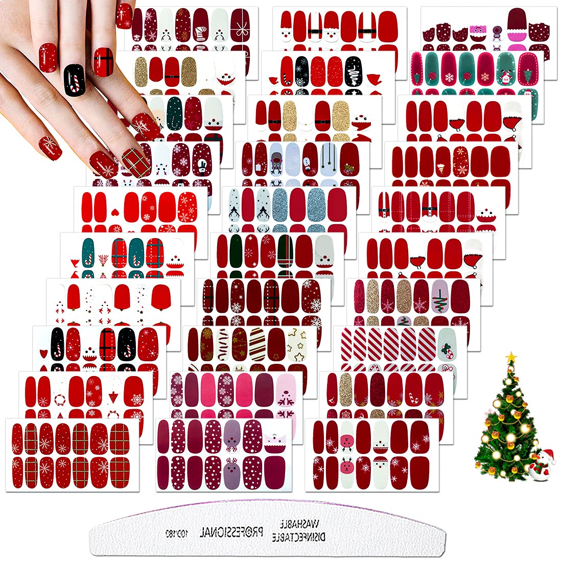 30 Sheets Christmas Nail Polish Strips - Red Holiday Nail Wraps with Santa & Snowflake Designs, Self-Adhesive Nail Art for Women, Includes Nail File | Perfect for Christmas Parties, Gift Giving & Festive Nail Decorations