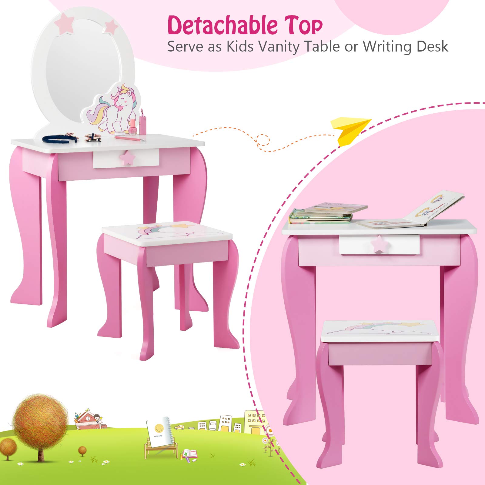 **Pink Princess Vanity Set for Toddler Girls - Kids Makeup Table with Stool, Detachable Mirror & Storage Drawer - Pretend Play Dressing & Makeup Toy for Birthday Gifts & Room Decor**