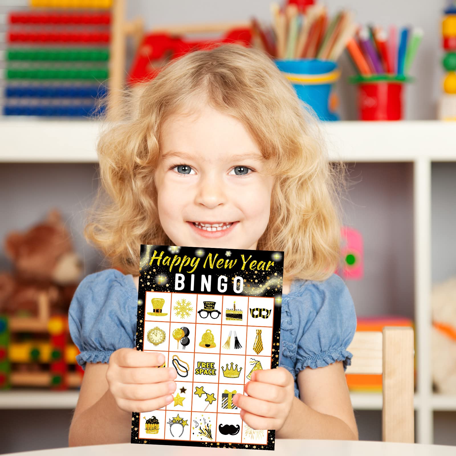 New Year Bingo Game for Kids - 24 Players Holiday Party Supplies Set for Classroom, Family Reunion & New Years Eve Celebration