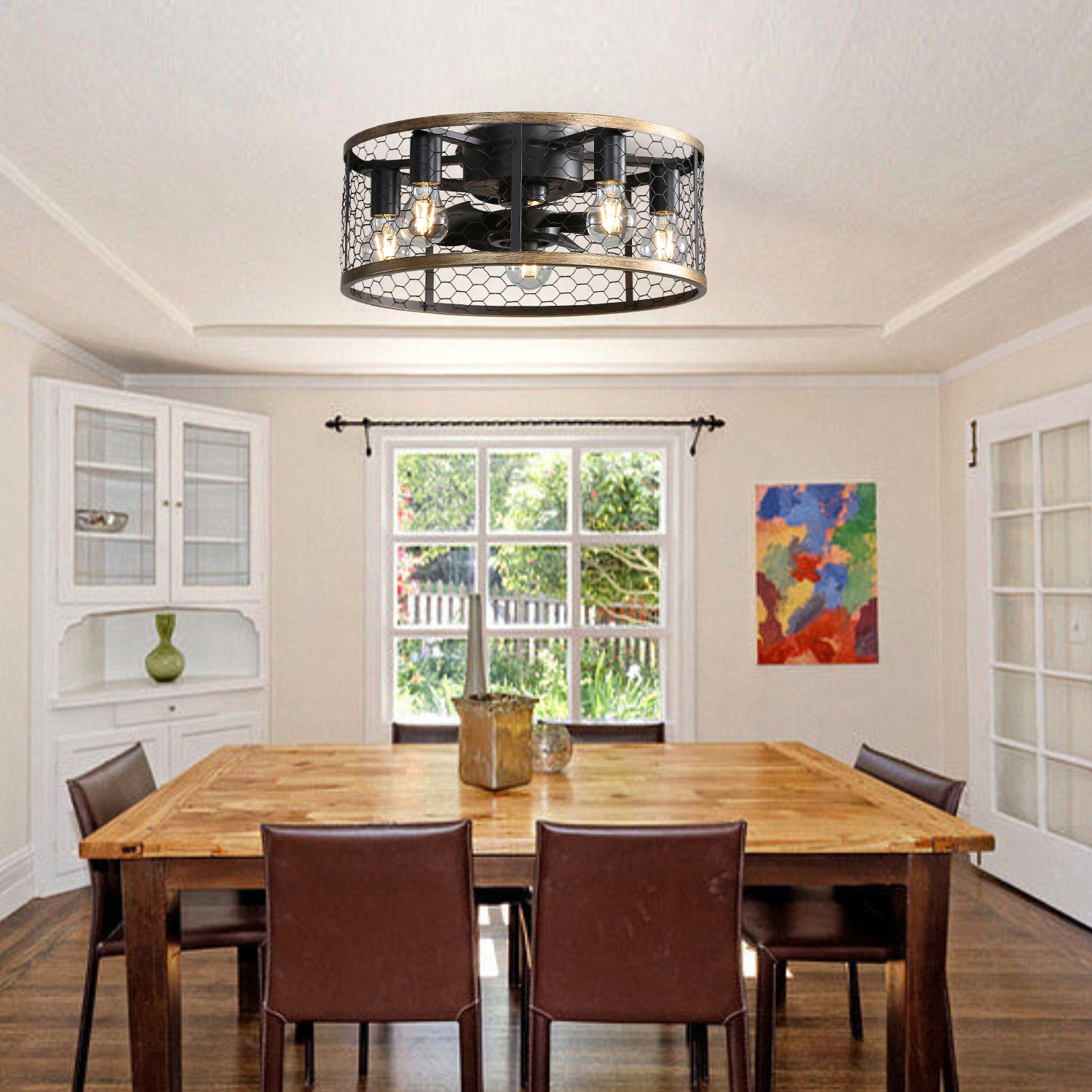 20 Inch Industrial Caged Ceiling Fan with 7 ABS Blades & Remote Control - Reversible DC Motor, Small Flush Mount Farmhouse Ceiling Fan for Bedroom, Living Room, Kitchen, Garage & Outdoor Spaces