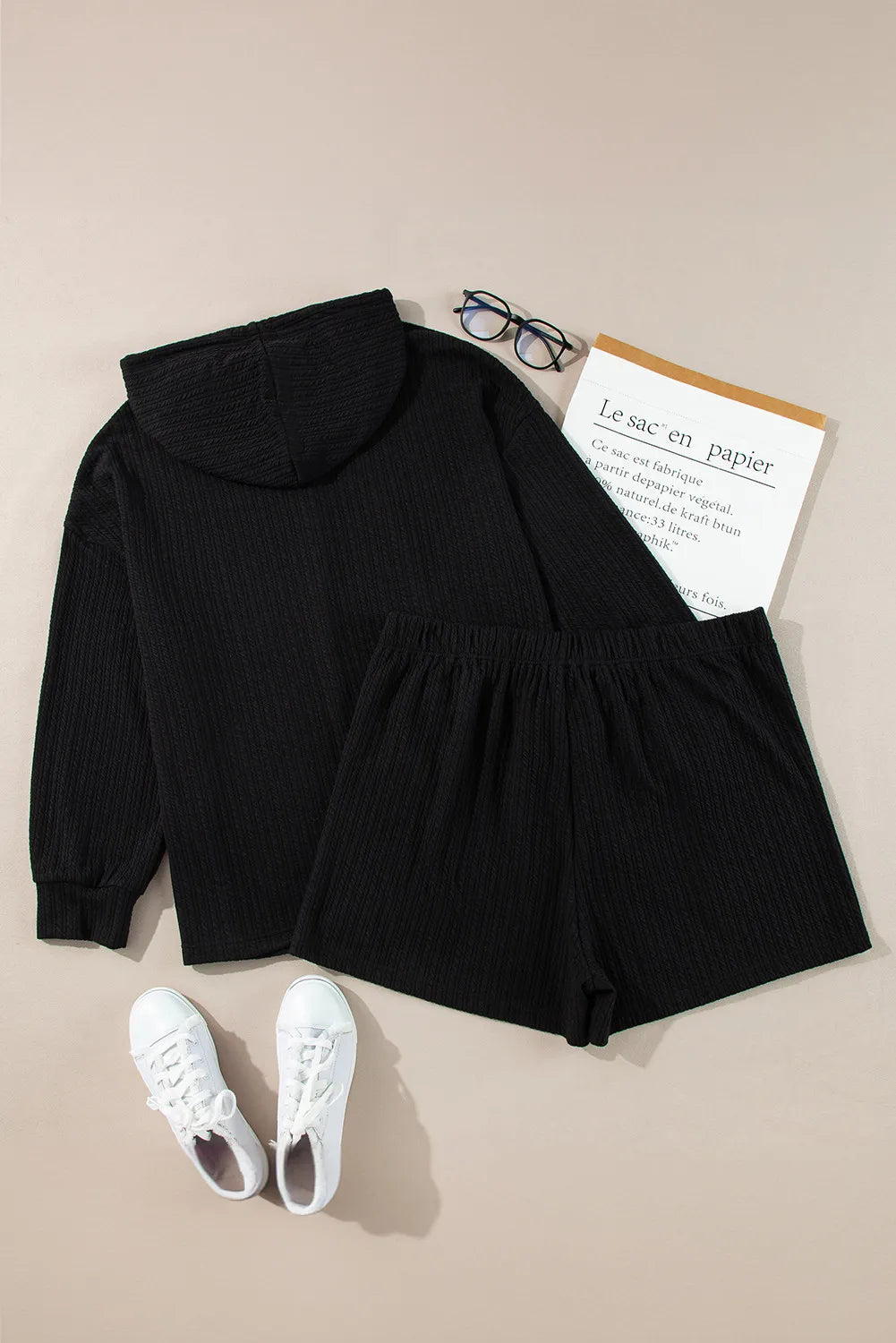Plus Size Women's Drawstring Dropped Shoulder Hoodie and Shorts Set - Casual Loungewear for Relaxing at Home, Running Errands or Weekend Outings