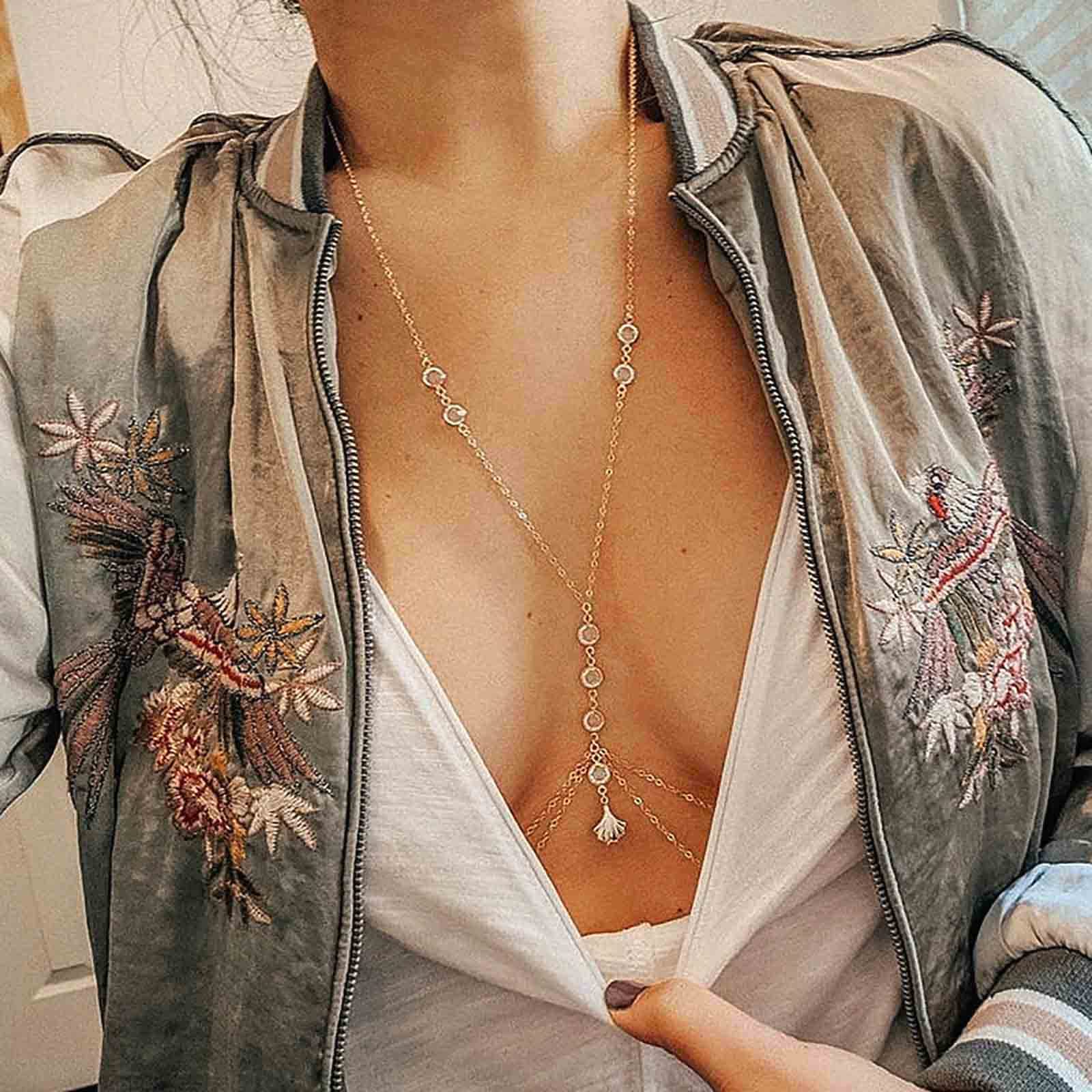 Layered Rhinestone Body Chain - Gold Crystal Bra Chain, Bikini Beach Jewelry for Women | Bohemian Waist Chain with Shell Tassel - Perfect for Summer Festivals, Pool Parties & Boho Photoshoots