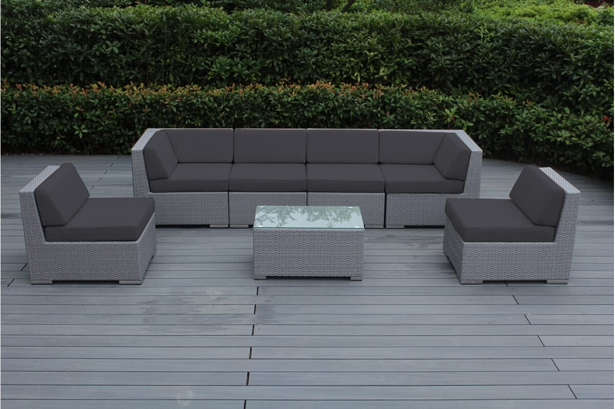 Ohana 7-Piece Outdoor Patio Furniture Sectional Set with Beige Cushions & Free Cover - Sunbrella Coal Gray - No Assembly Required - Perfect for Backyard, Poolside & Garden Relaxation