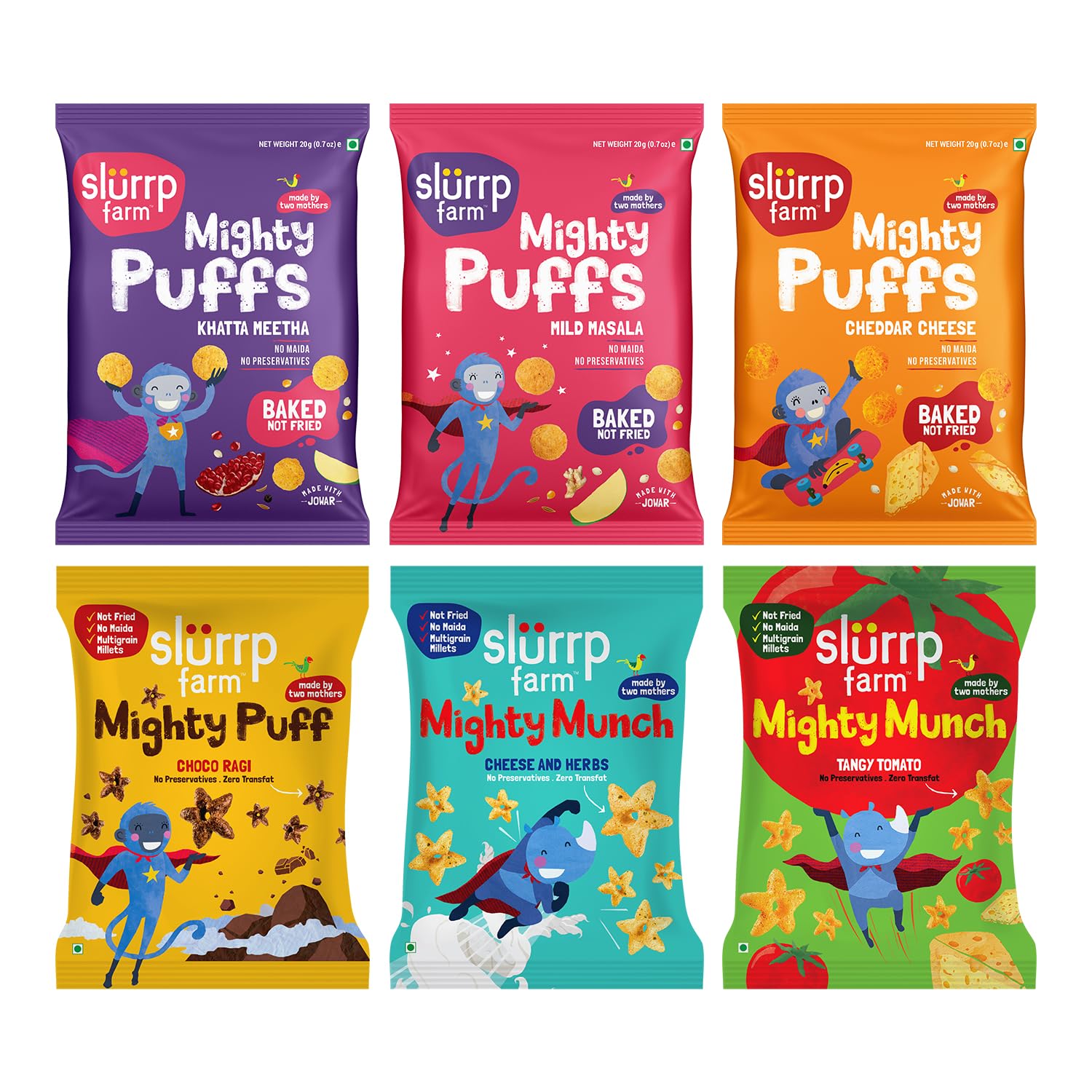 Slurrp Farm Mighty Jowar Puffs - Healthy Snacks for Kids | 6 Flavors: Khatta Meetha, Mild Masala, Cheddar Cheese, Tangy Tomato, Choco Ragi, Cheese & Herbs | Baked Not Fried, No Maida | Perfect for School Lunch, Travel & On-the-Go Snacking | 6 x 20g Packs