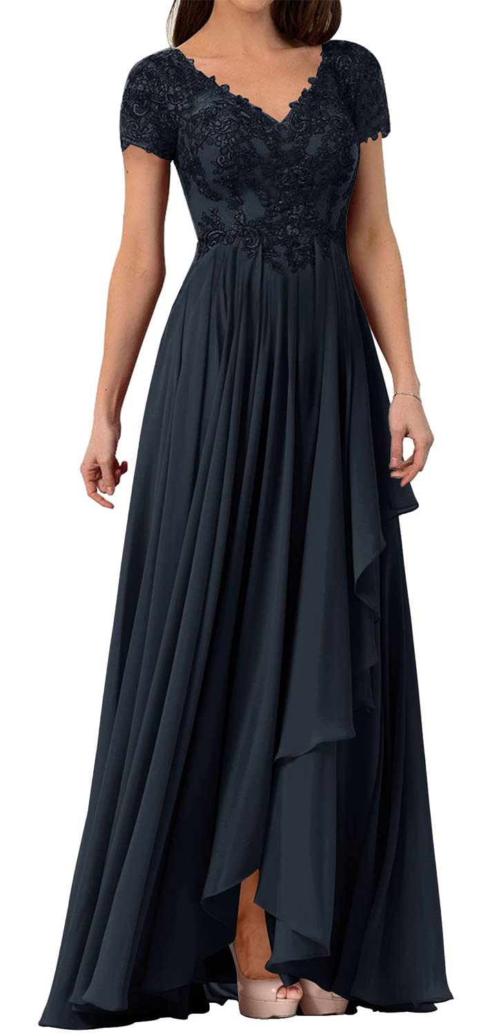 Elegant Navy Blue Lace Mother of The Bride Dress - Chiffon Formal Evening Gown with Short Sleeves | Perfect for Weddings, Galas & Special Occasions