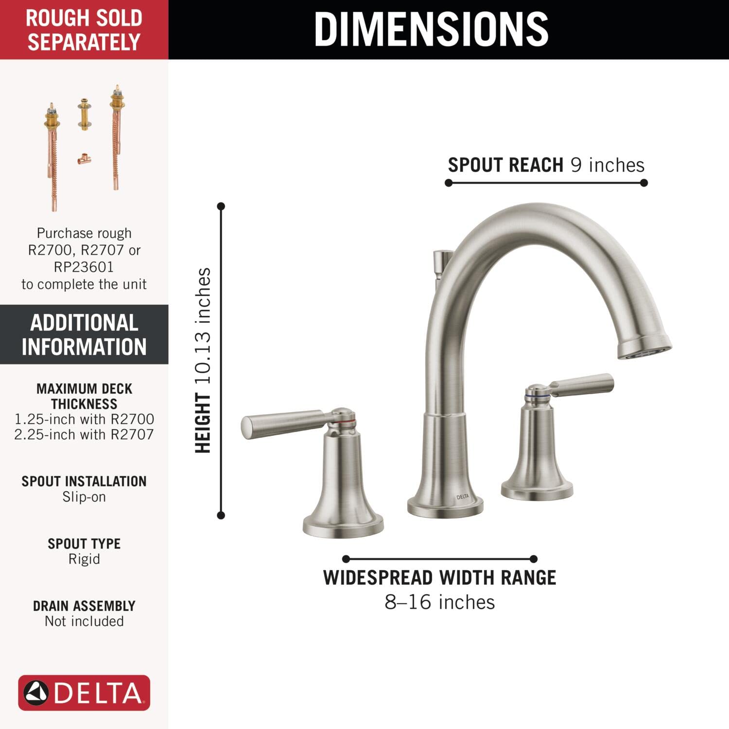 Delta T2735 Saylor Deck Mounted Roman Tub Filler - Less Rough In - Brilliance Stainless Finish - Luxury Bathroom Faucet for Freestanding Tubs - Perfect for Spa, Master Bath & Relaxation