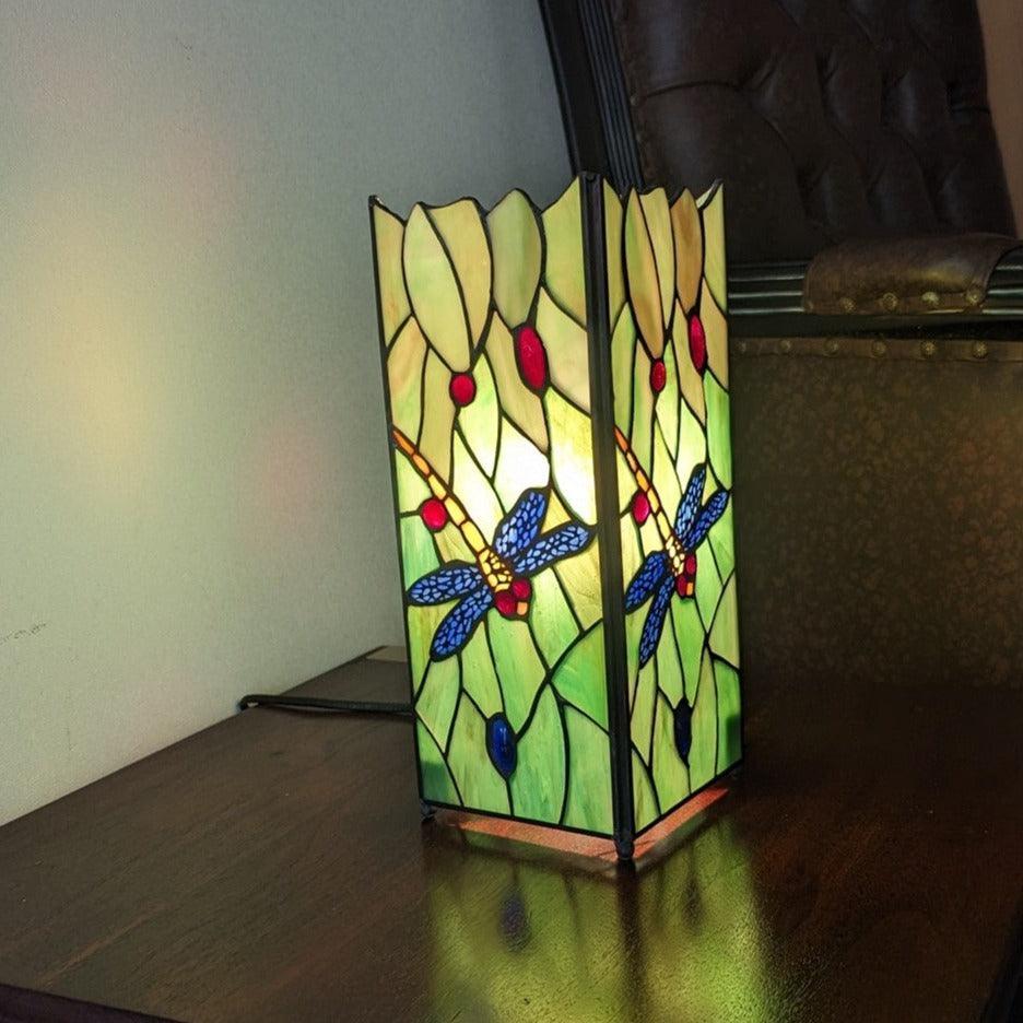 Green Dragonfly Stained Glass Tiffany Lamp - Medium Square Table Lamp for Living Room, Bedroom & Office Decor
