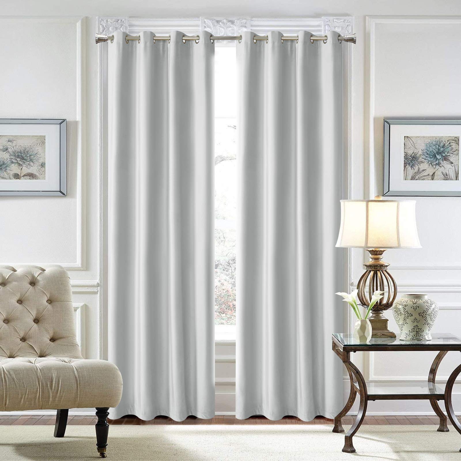 LOYOLADY Greyish White Velvet Curtains 96 Inches Long - 2 Panels Set, Thermal Insulated Grommet Window Drapes 52