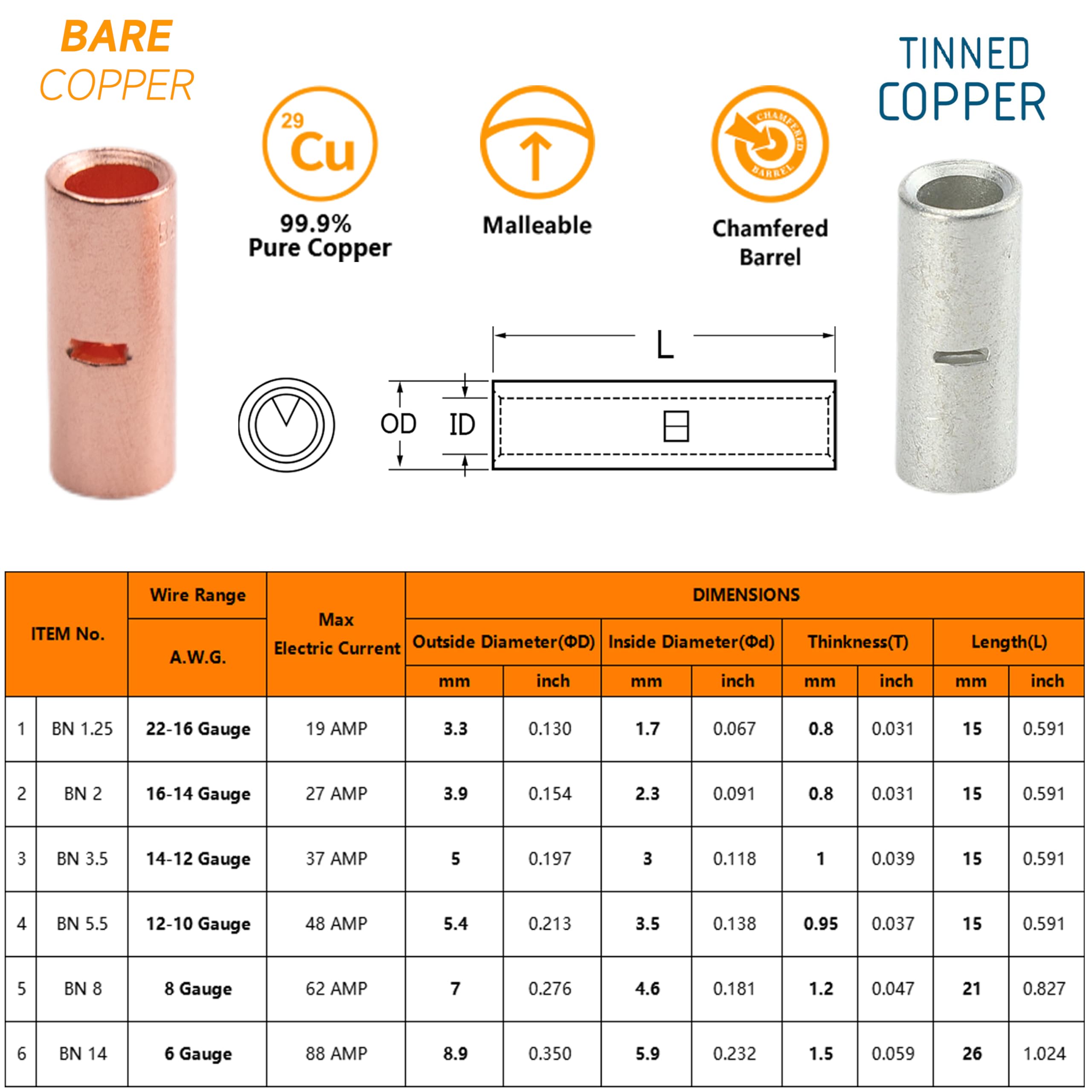 Premium SVAAR Copper Butt Connectors 200pcs - Non-Insulated Electrical Wire Connectors for 6-22 AWG - Pure Copper Crimp Terminals for Automotive, Marine & Home Wiring Projects