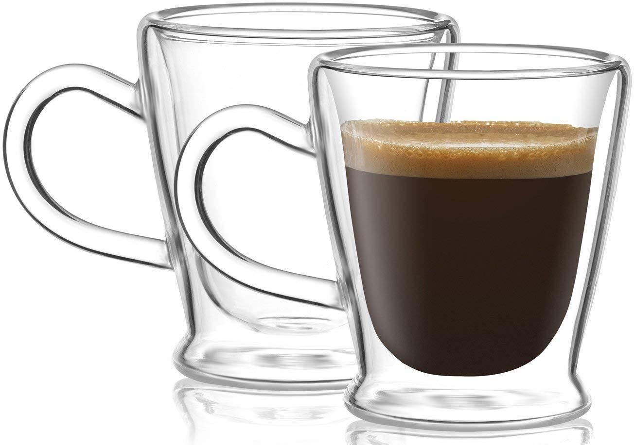 Circleware 92050 Thermax Double Wall Insulated Heat Resistant Glass Espresso Cups with Handle - 4-Piece Set (2.6 oz Each) - Perfect for Coffee, Tea & Hot Beverages at Home, Office or Cafe