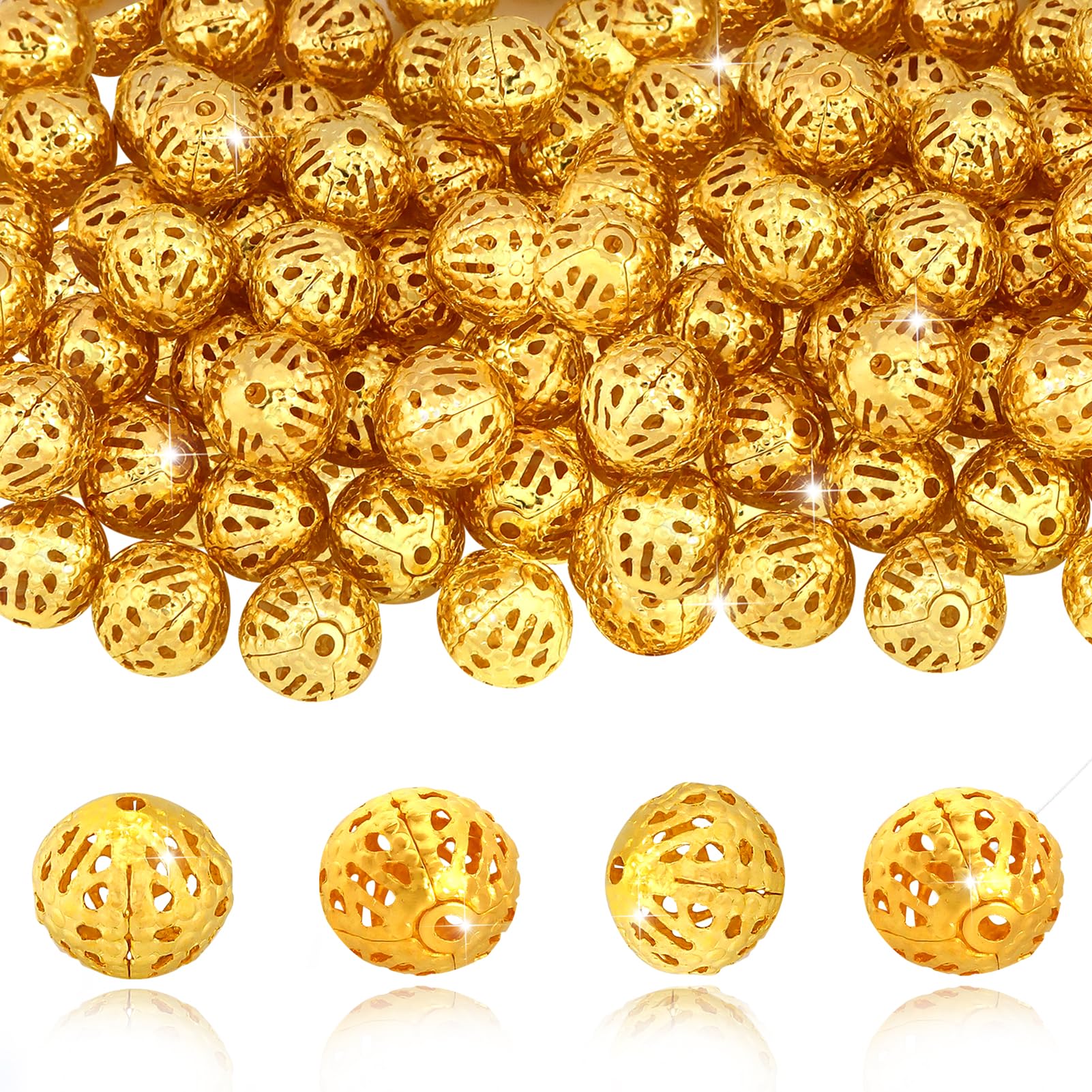 100pcs 6mm Gold Spacer Beads - Hollow Filigree Round Metal Beads for DIY Jewelry Making, Bracelets, Necklaces & Earrings - Perfect for Crafting, Gift Making and Boho Style Accessories