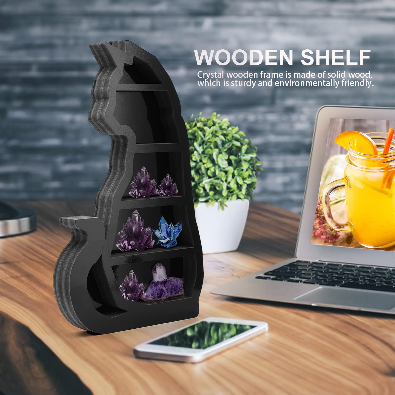 Moon Phase Crystal Shelf - Wooden Wall Mounted Jewelry Holder with Cat Design, Reversible Essential Oil Shelf for Living Room, Bedroom, Dining Room | Stylish Home Decor & Gift Idea