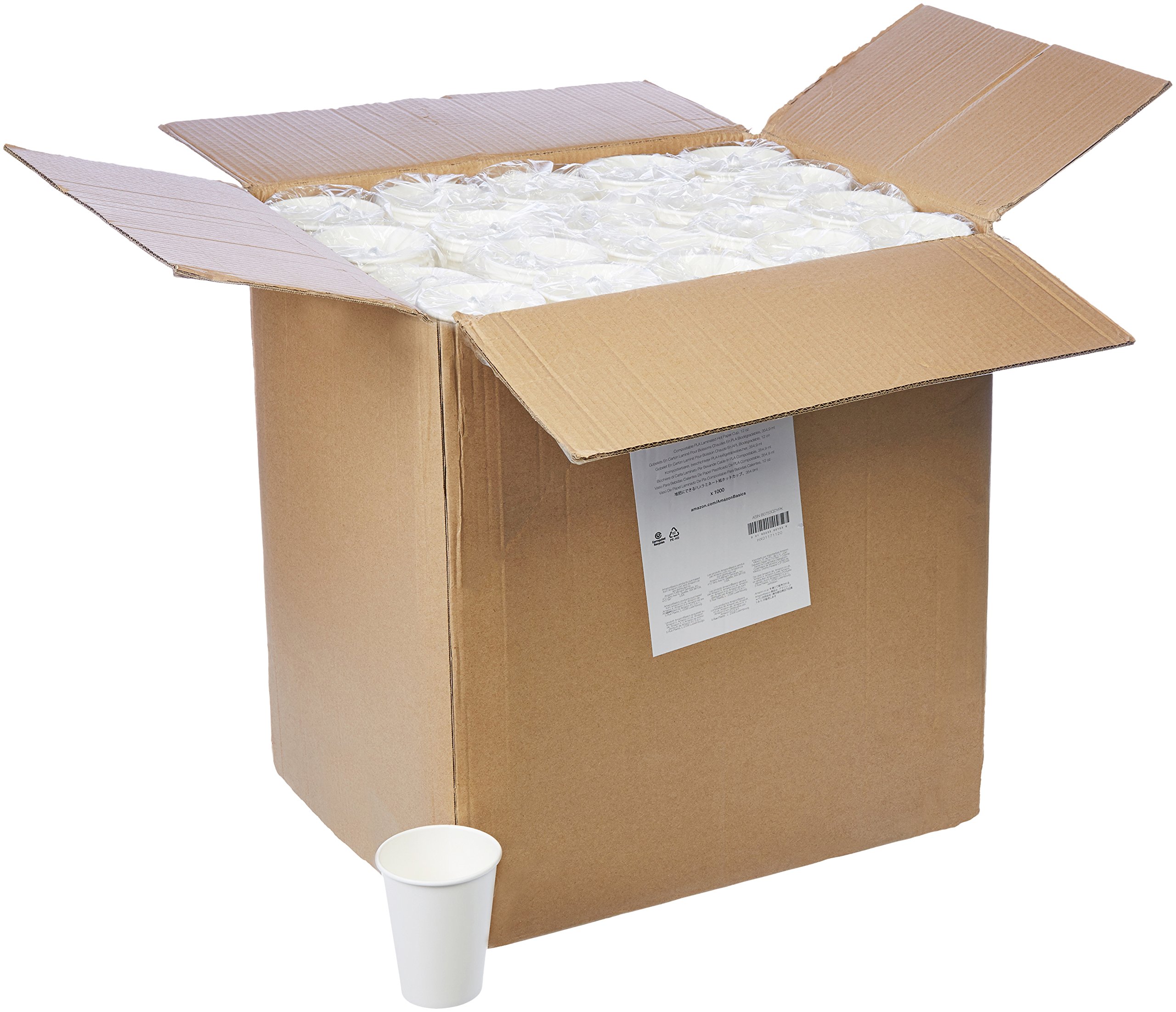 Amazon Basics Disposable Coffee Cups - 12 oz White Paper Cups (1000 Pack) for Hot Beverages, Office Break Rooms, Cafes & Home Use