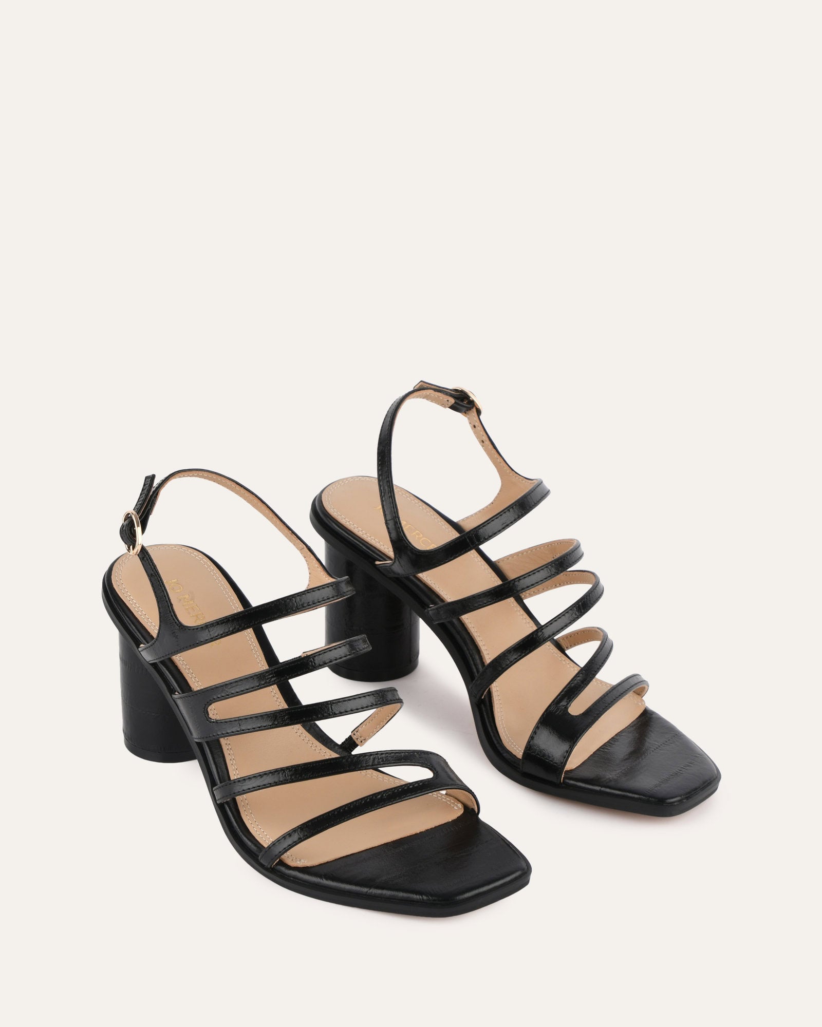 NOBU Women's High Heel Sandals - Black Shiny Lizard Skin Design for Evening Parties & Special Occasions