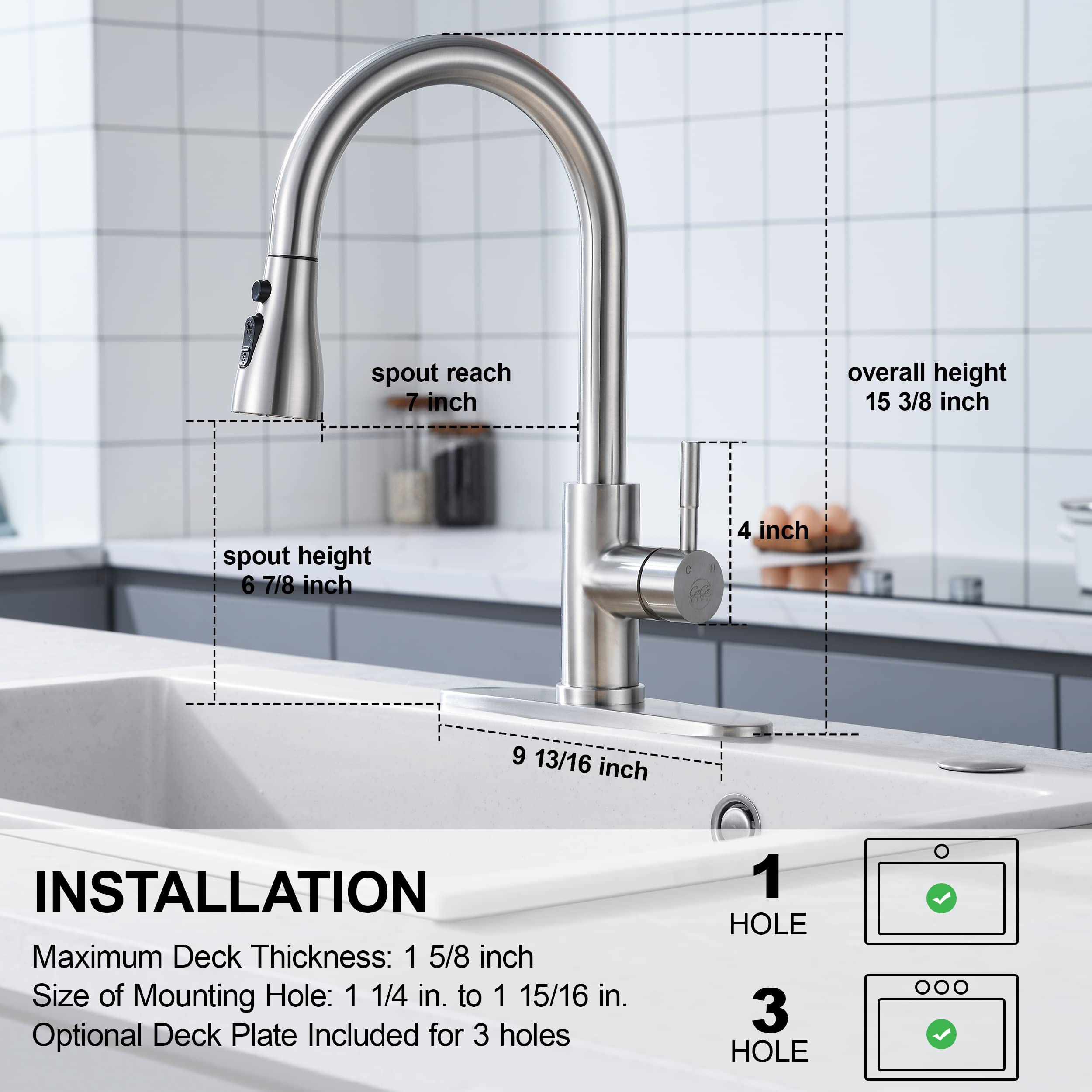 High Arc Stainless Steel Pull Down Kitchen Faucet with High Pressure Sprayer - Brushed Nickel Single Handle Modern Sink Faucet for 1 or 3 Hole Installation | Perfect for Home Kitchen, Restaurant & Commercial Use