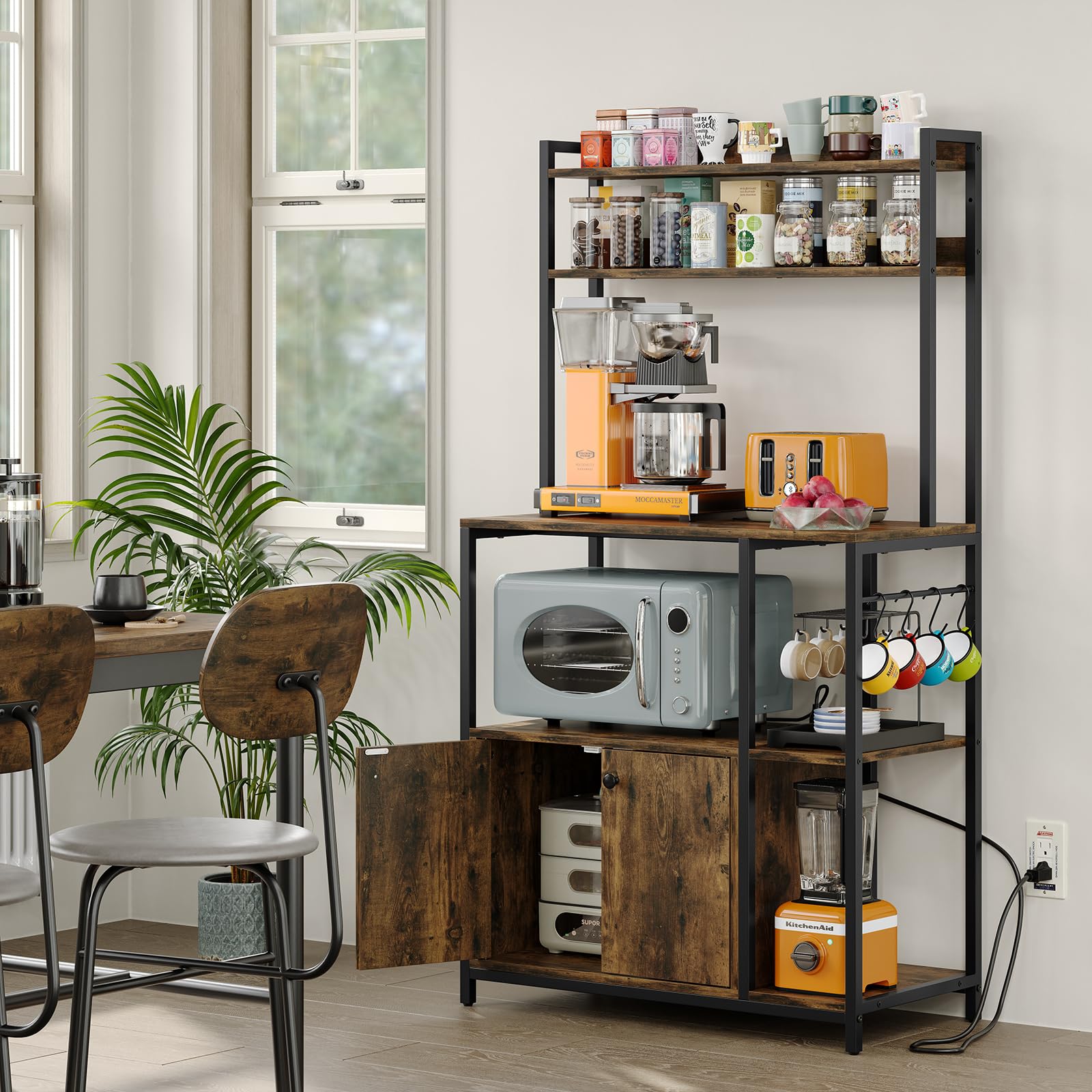 Furniouse 5-Tier Industrial Baker's Rack with Power Outlet & Storage Cabinet - Rustic Brown Kitchen Microwave Stand for Small Spaces | Perfect for Baking, Cooking & Kitchen Organization