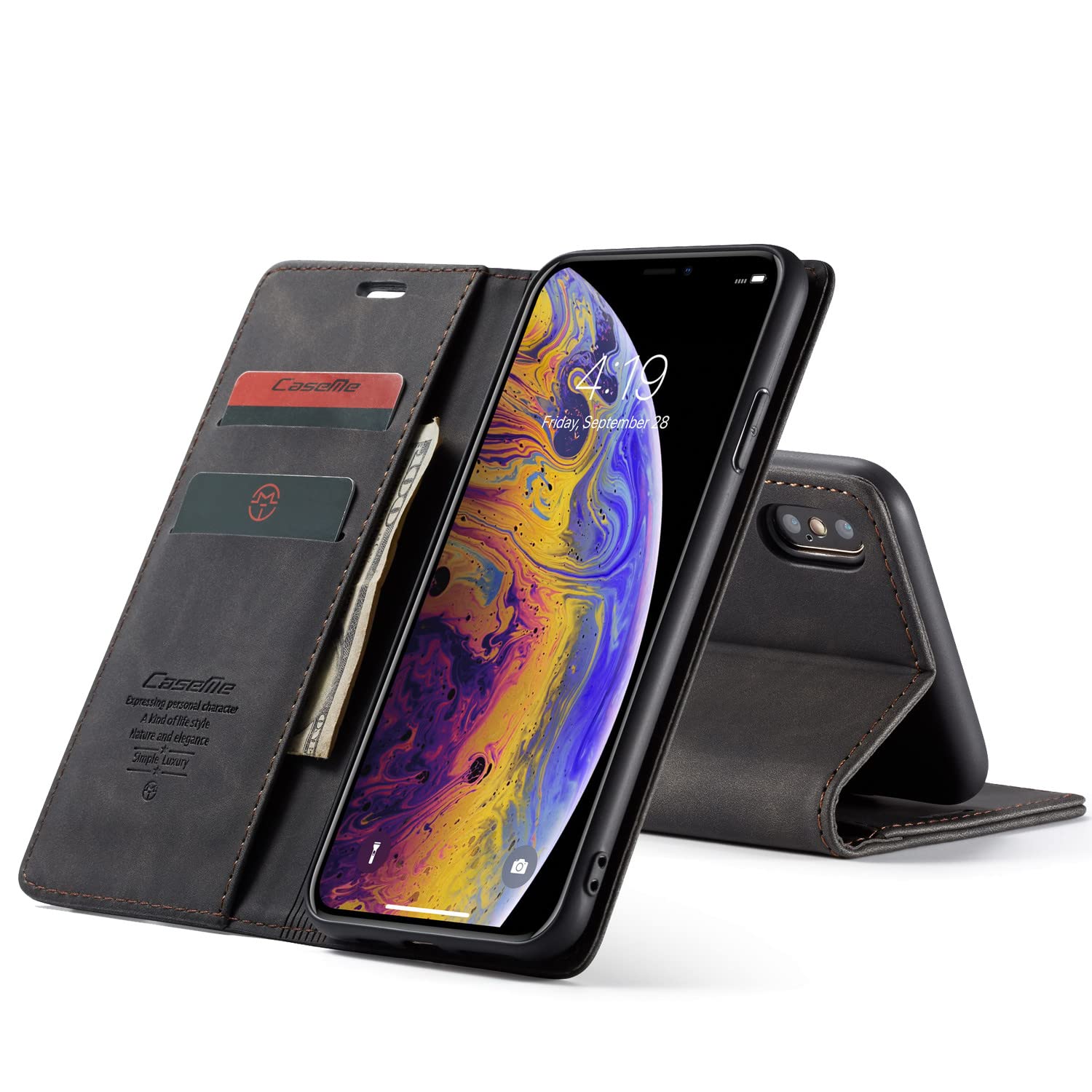 XYX Wallet Case for iPhone Xs Max 6.5 inch - Matte Textured Retro PU Leather Flip Cover with Magnetic Kickstand & Card Slots (Black) - Perfect for Hands-Free Viewing, Secure Card Storage & Everyday Protection
