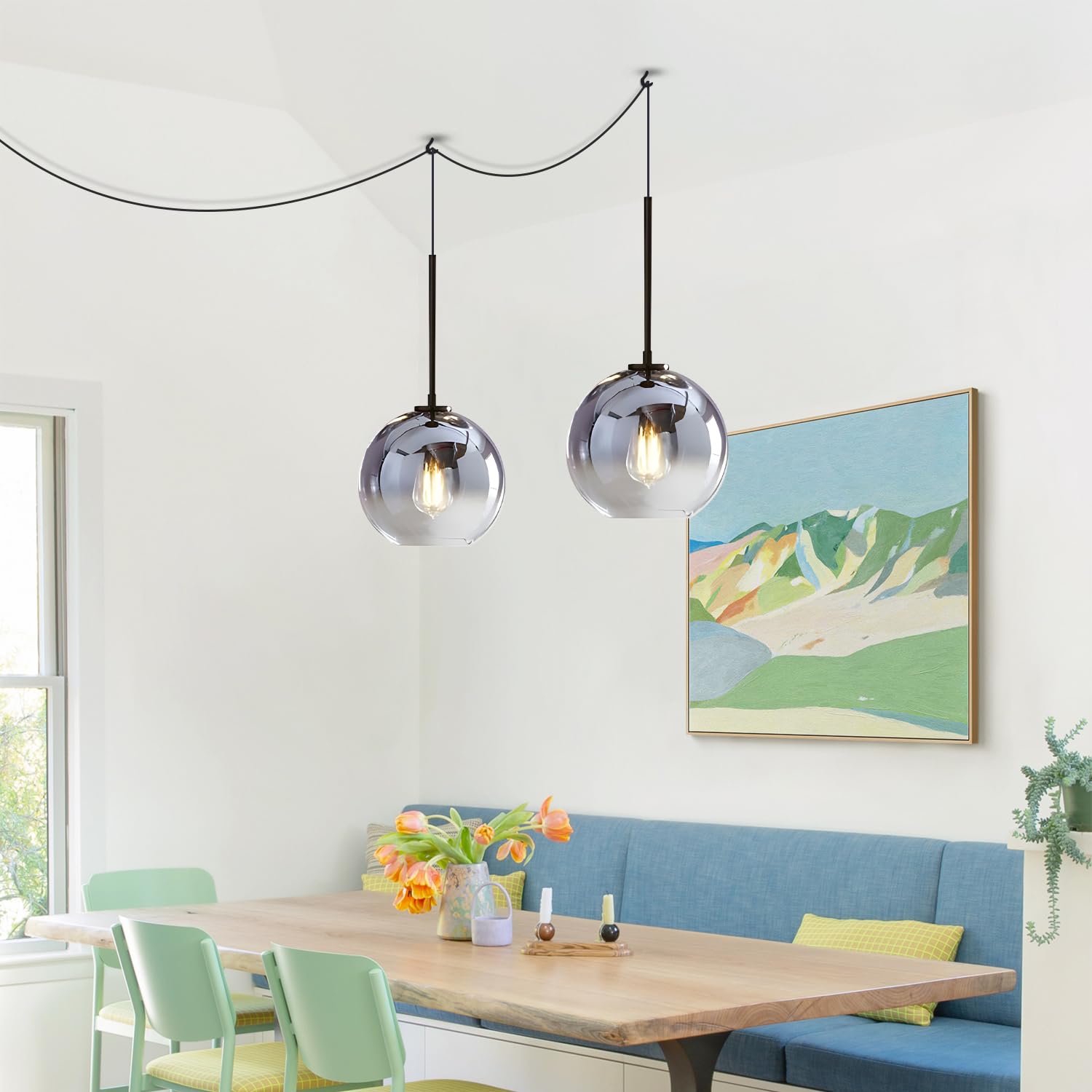KCO Lighting Plug-in Hanging Light Fixture - Mercury Glass Pendant Lights for Kitchen Island, Dining Room & Bedroom - Mid Century Modern Black Globe Pendant Lamp with Plug-in Design | Perfect for Home Decor, Restaurant Lighting & Office Spaces