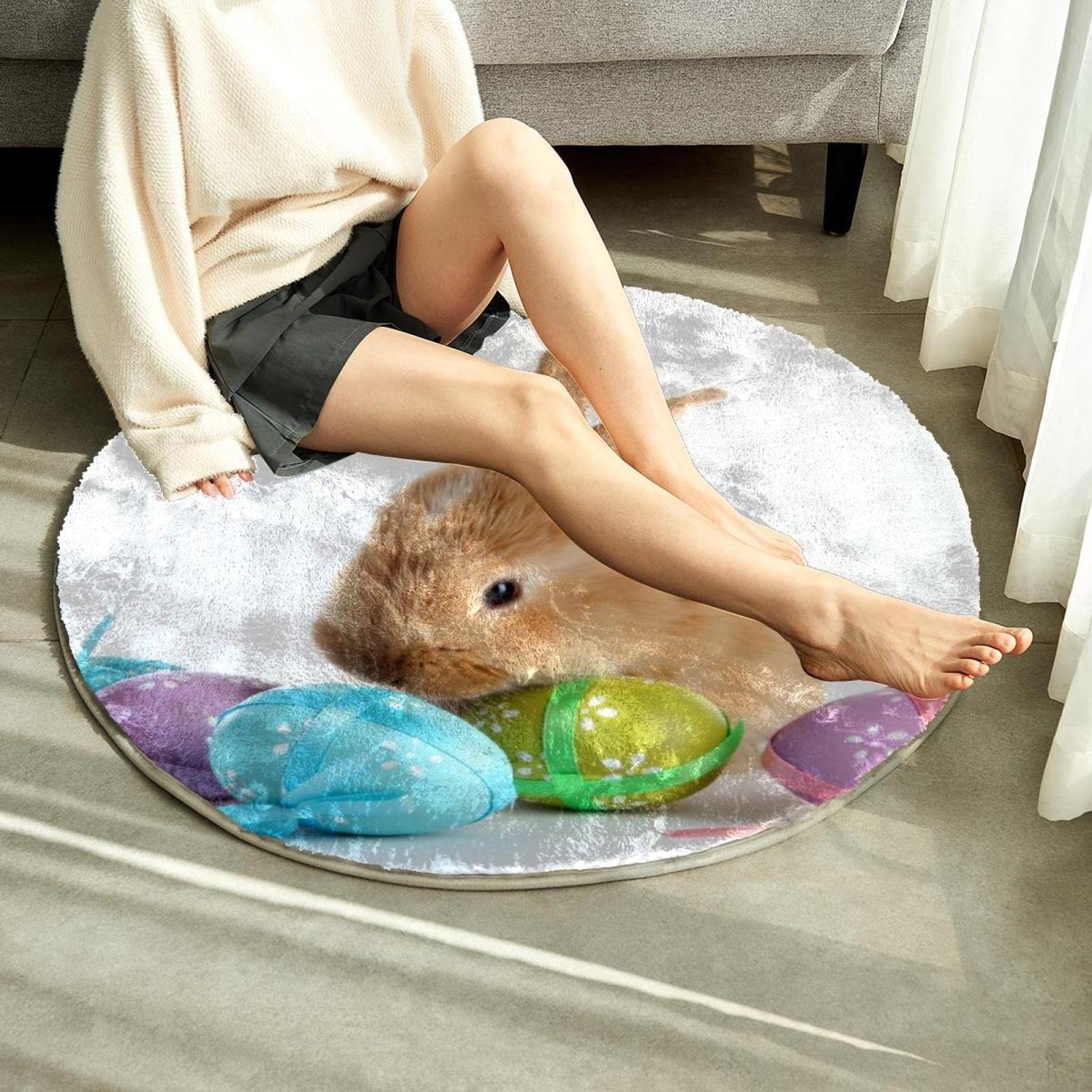 Easter Egg & Bunny Fluffy Round Shaggy Rug - Soft Plush Carpet for Living Room, Bedroom, Kids Room Decor - 60 x 60 cm - Perfect for Easter Decorations, Nursery Floor Mat & Cozy Home Accent