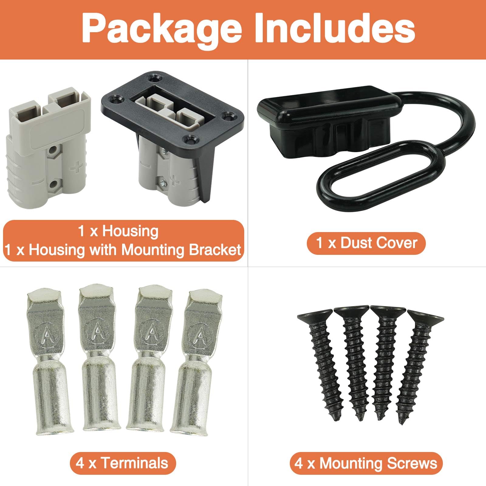 50Amp Battery Quick Connect Disconnect Kit - 1 Pair with Mounting Bracket & Dust Cover for 6-12 Gauge Cables (12-36V) - Perfect for Car, Bike, ATV, Winches, Lifts & Motors - Durable Gray Connectors for Easy Power Switching