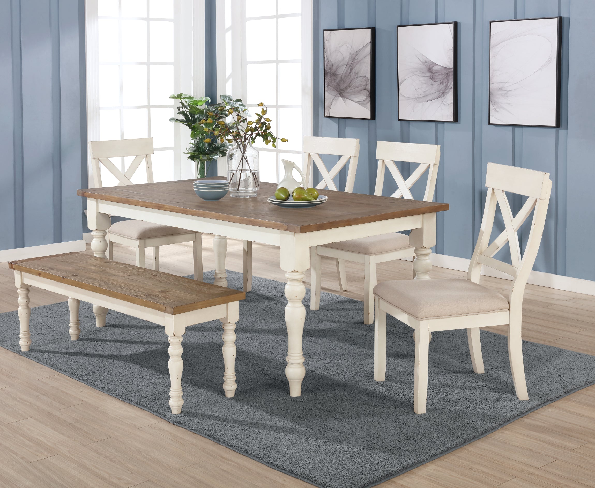 6-Piece Dining Table Set with Cross Back Chairs & Bench - Antique White & Distressed Oak Finish - Perfect for Farmhouse, Rustic & Cottage Style Dining Rooms