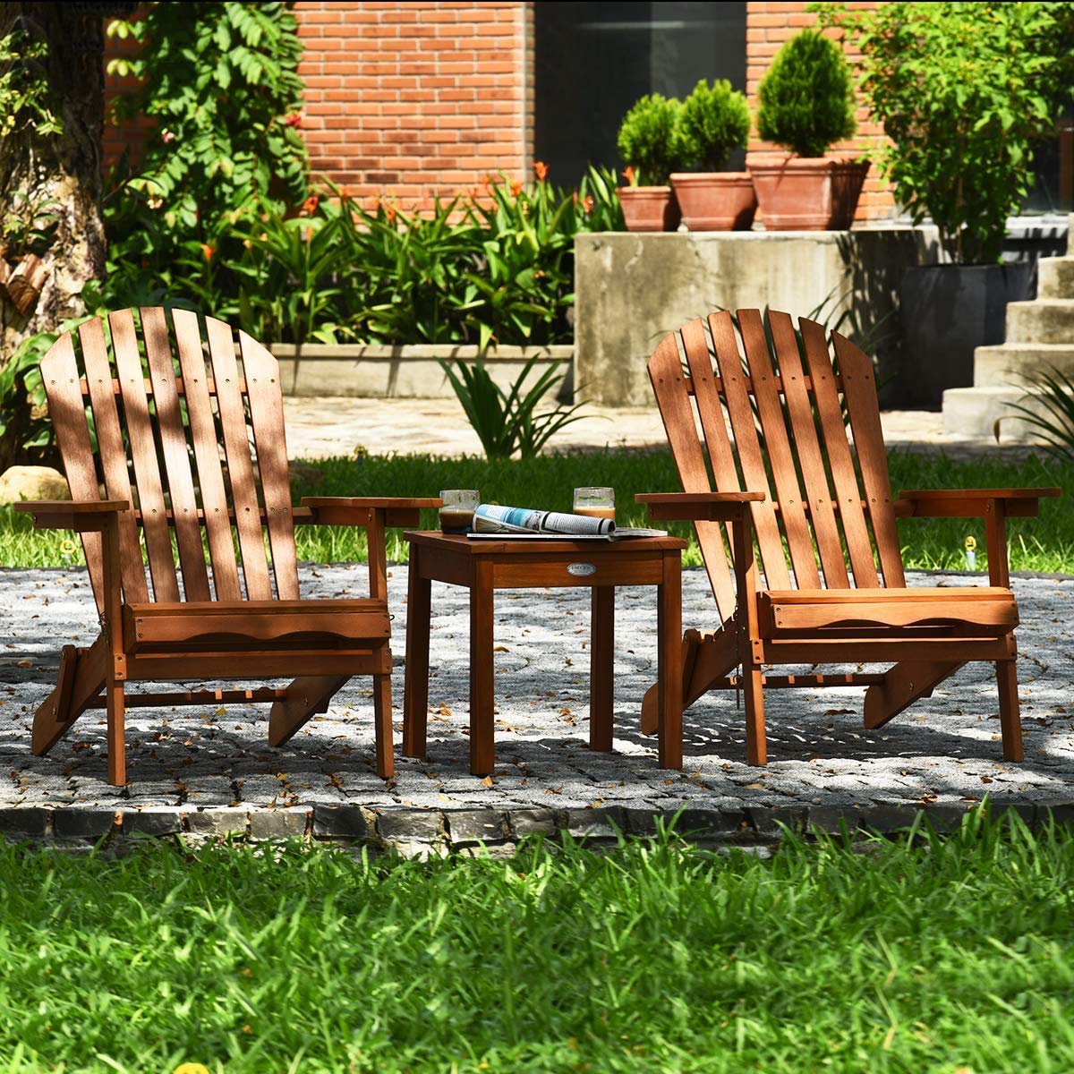 3Pcs Adirondack Chair and Table Set - Outdoor Wooden Lounger Chairs with Widened Armrests, Durable Eucalyptus Frame & Natural Finish - Foldable Conversation Furniture for Patio, Garden, Deck & Indoor Use - Perfect for Backyard Relaxation & Outdoor Entertaining