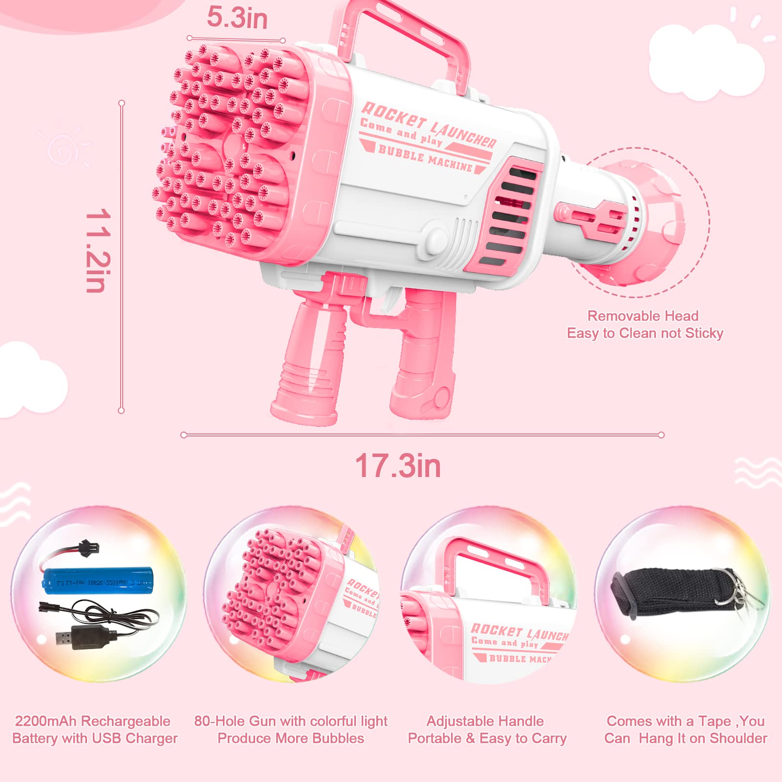 Rocket Boom Bubble Maker with 64 Holes - 5000+ Bubbles per Minute - Pink Bubble Blower for Kids & Adults - Perfect for Outdoor Play, Birthday Parties, and Summer Fun
