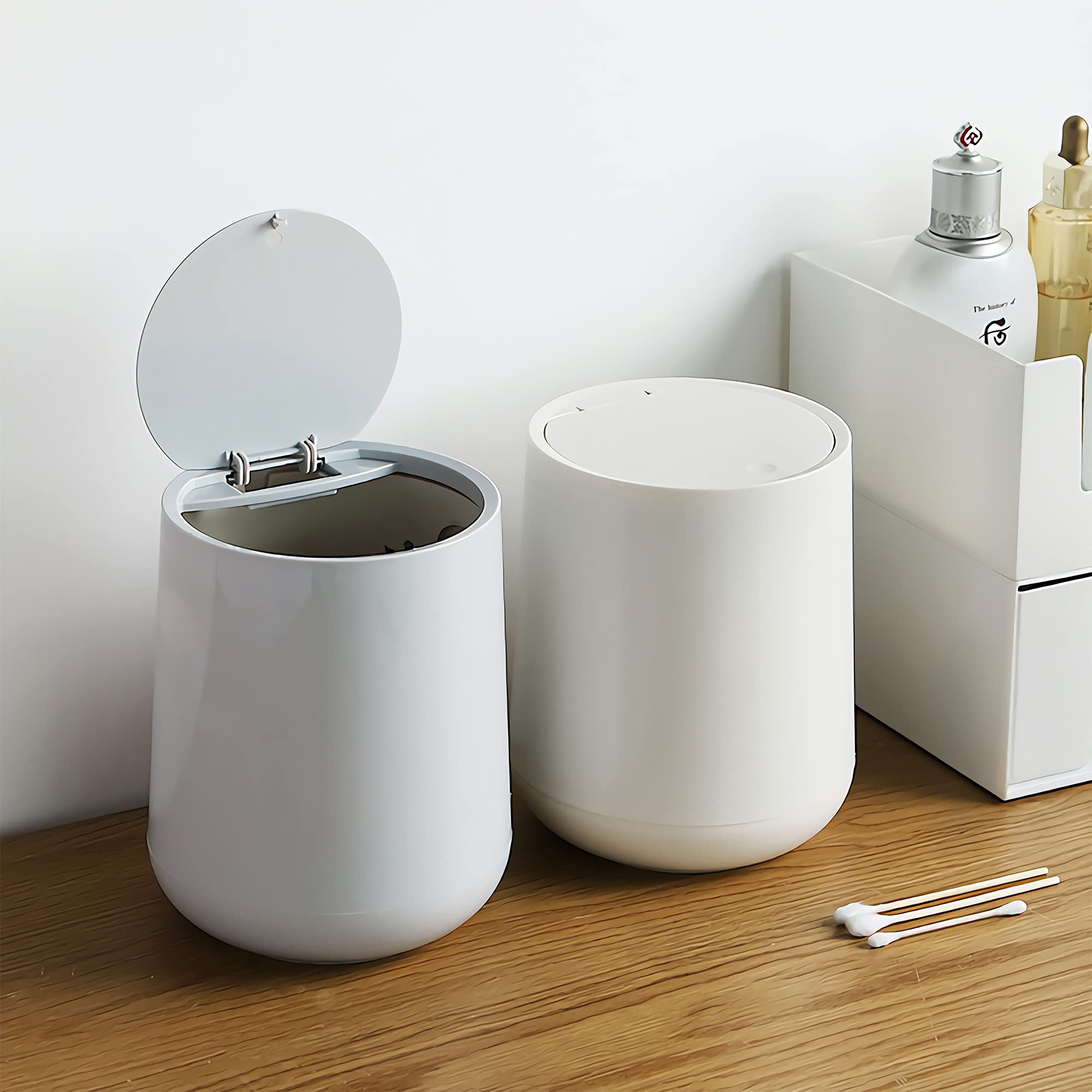 Sheebo 2 Liter / 0.5 Gallon Mini Trash Can with Press Top Lid - Small Waste Bin for Bathroom, Office Desk, Bedroom, Kitchen Countertop - Compact Cylinder Design (White) - Perfect for Small Spaces & Home Organization