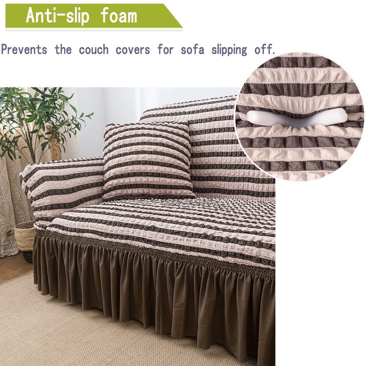 Qubjus Stretch Sofa Slipcover - Washable Couch Cover for Sofa & Bed - Elastic Bottom & Skirt Furniture Protector - Striped Brown Large - Perfect for Living Room, Family Room & Home Decor