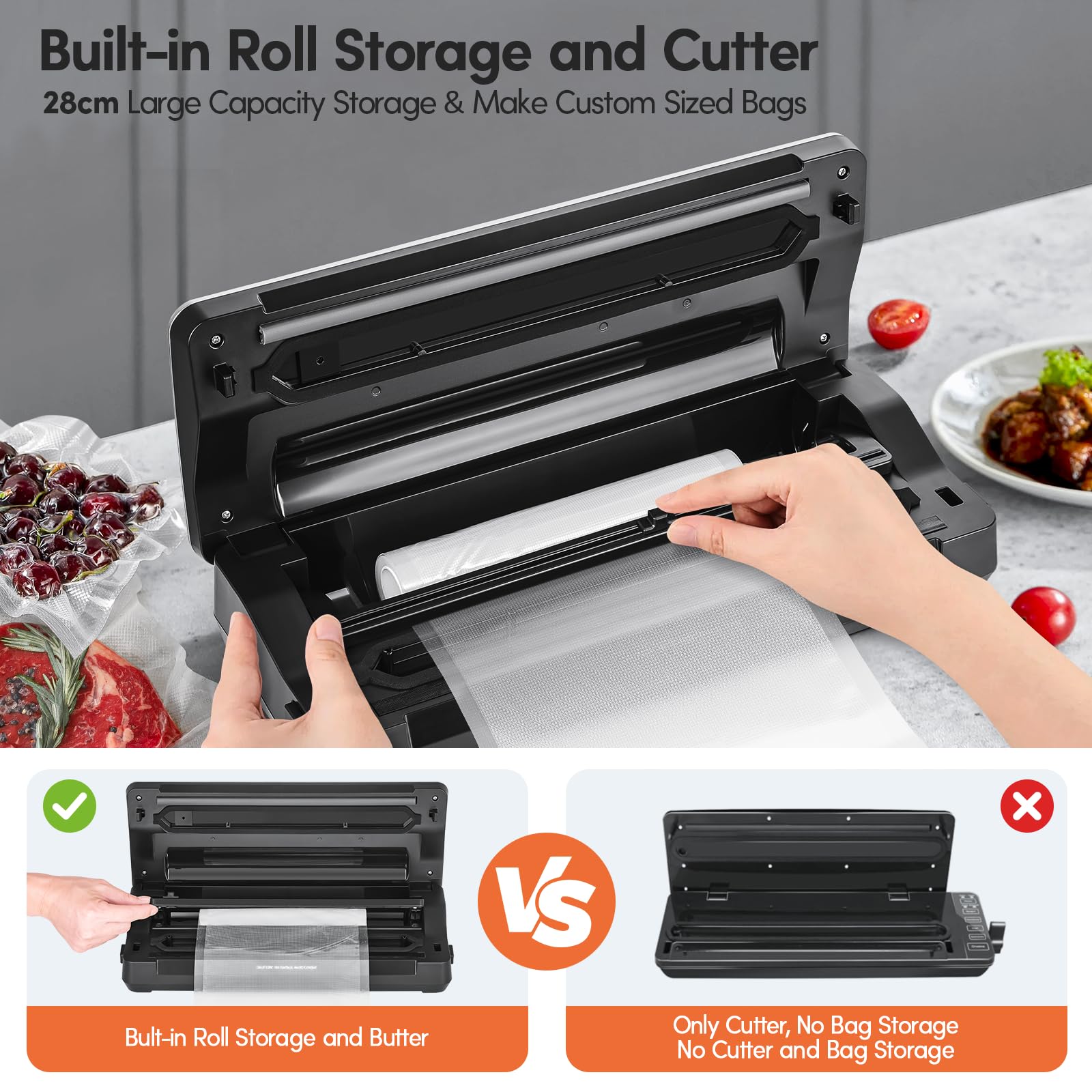 Powerful 120W Vacuum Sealer Machine with 90kPa Wide Seal - All-in-One Food Storage Solution | Built-in Cutter, Digital Countdown Display | Includes 2 Bag Rolls & 5 Pre-cut Bags (Silver Wood Grain) | Perfect for Meal Prep, Sous Vide, Freezer Storage & Long-Term Food Preservation