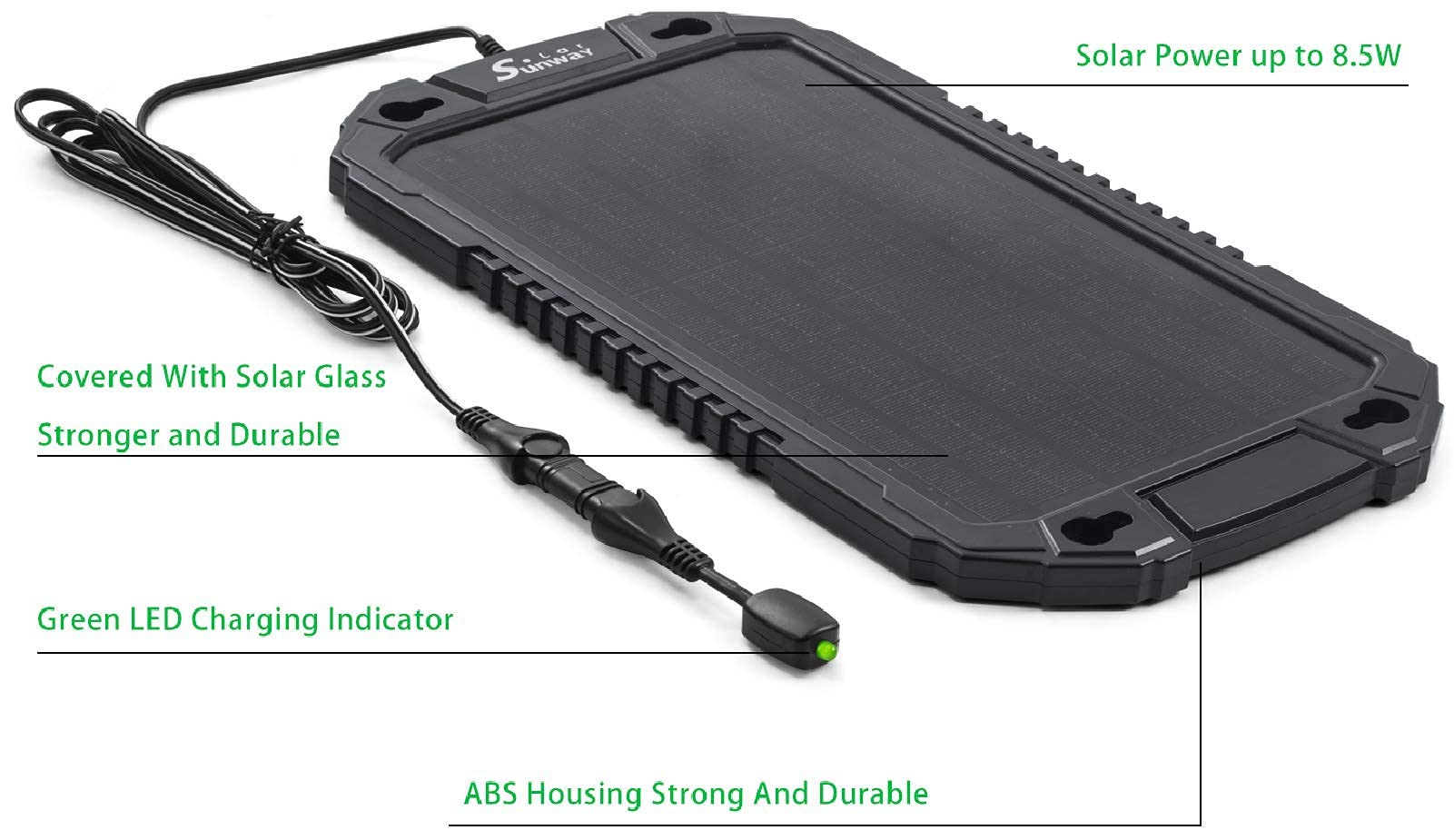 Sunway 12V 8W Solar Car Battery Trickle Charger & Maintainer - Waterproof Portable Solar Panel Power Kit for Automotive, RV, Boat, Motorcycle, Trailer, Tractor - Ideal for Outdoor, Camping & Emergency Power Backup