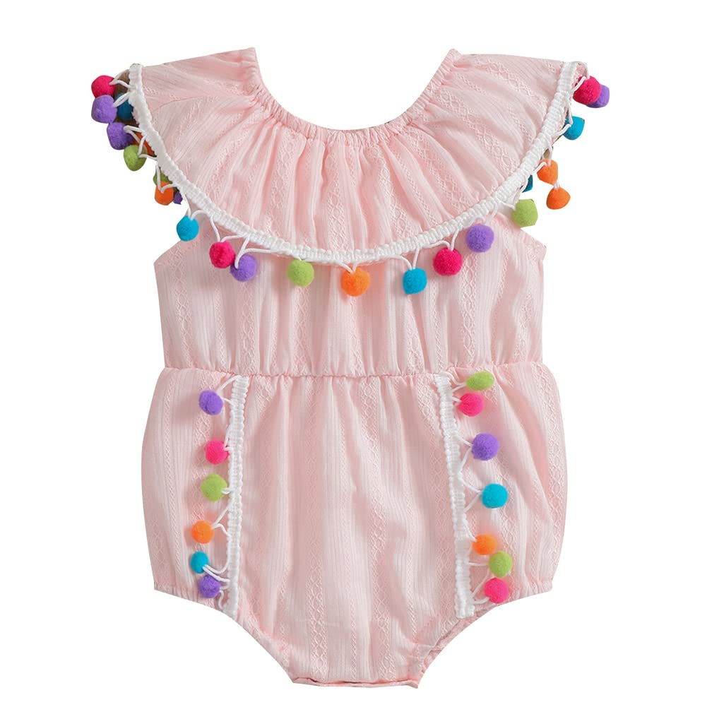Boho Newborn Baby Girls Romper - Pompom Tassel Ruffle Sleeveless Jumpsuit for Summer | Lotus Design Baby Bodysuit | Perfect for Photoshoots, Beach Outings & Special Occasions