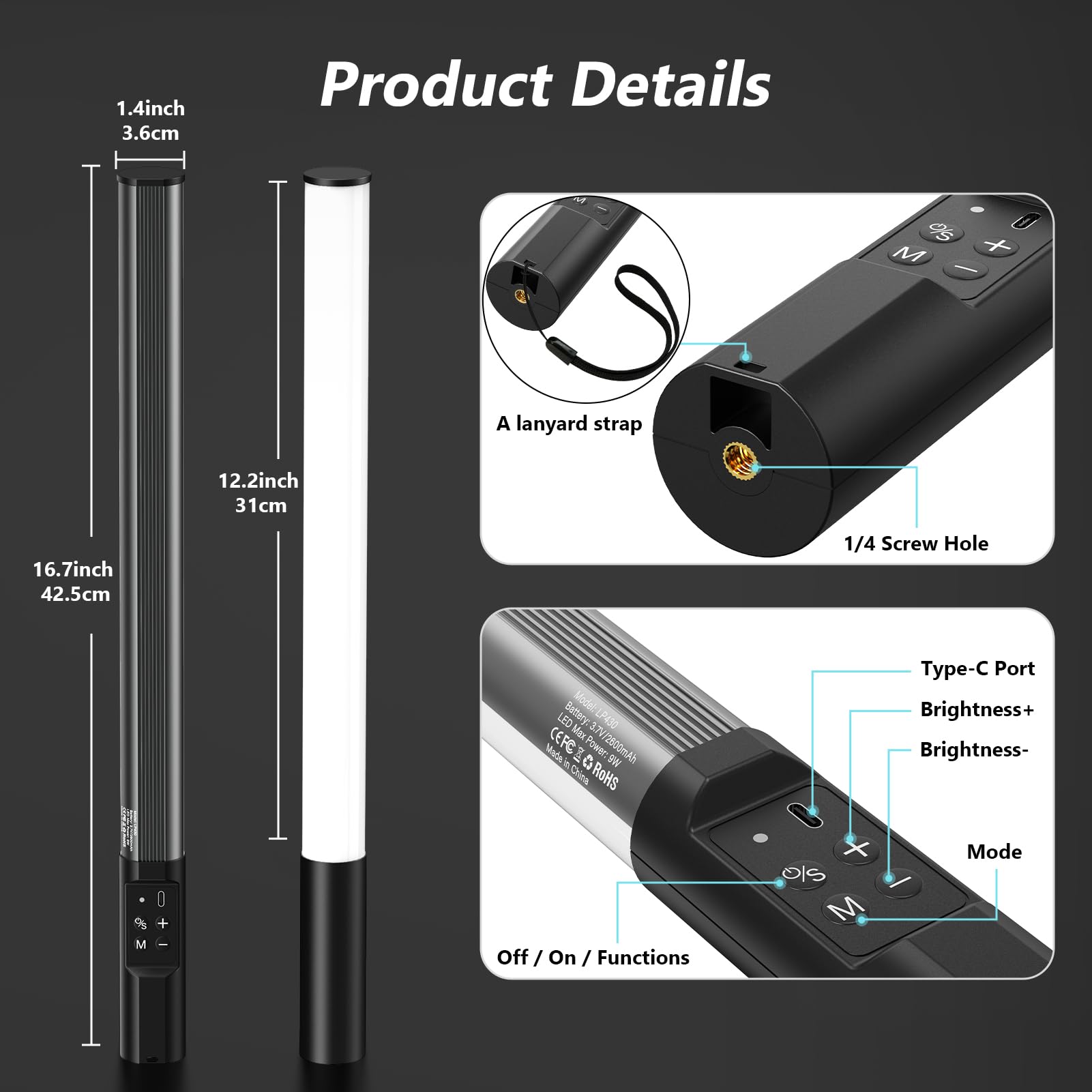 HeySliy RGB Photography Light Wand - 2600mAh Rechargeable LED Light Stick with 1000 Lumens, Adjustable Brightness (2500K-9900K) & 9 Dimmable Colors - Portable Studio Light Bar for Product Photography, YouTube Videos, and Nighttime Outdoor Shoots