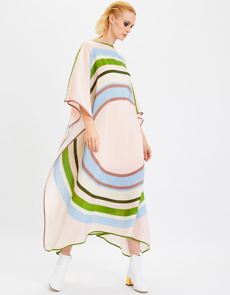 Luxury Beige Silk Crepe Kaftan Dress for Women - Elegant Boho Maxi Cover Up - Perfect for Beach, Vacation & Summer Evenings
