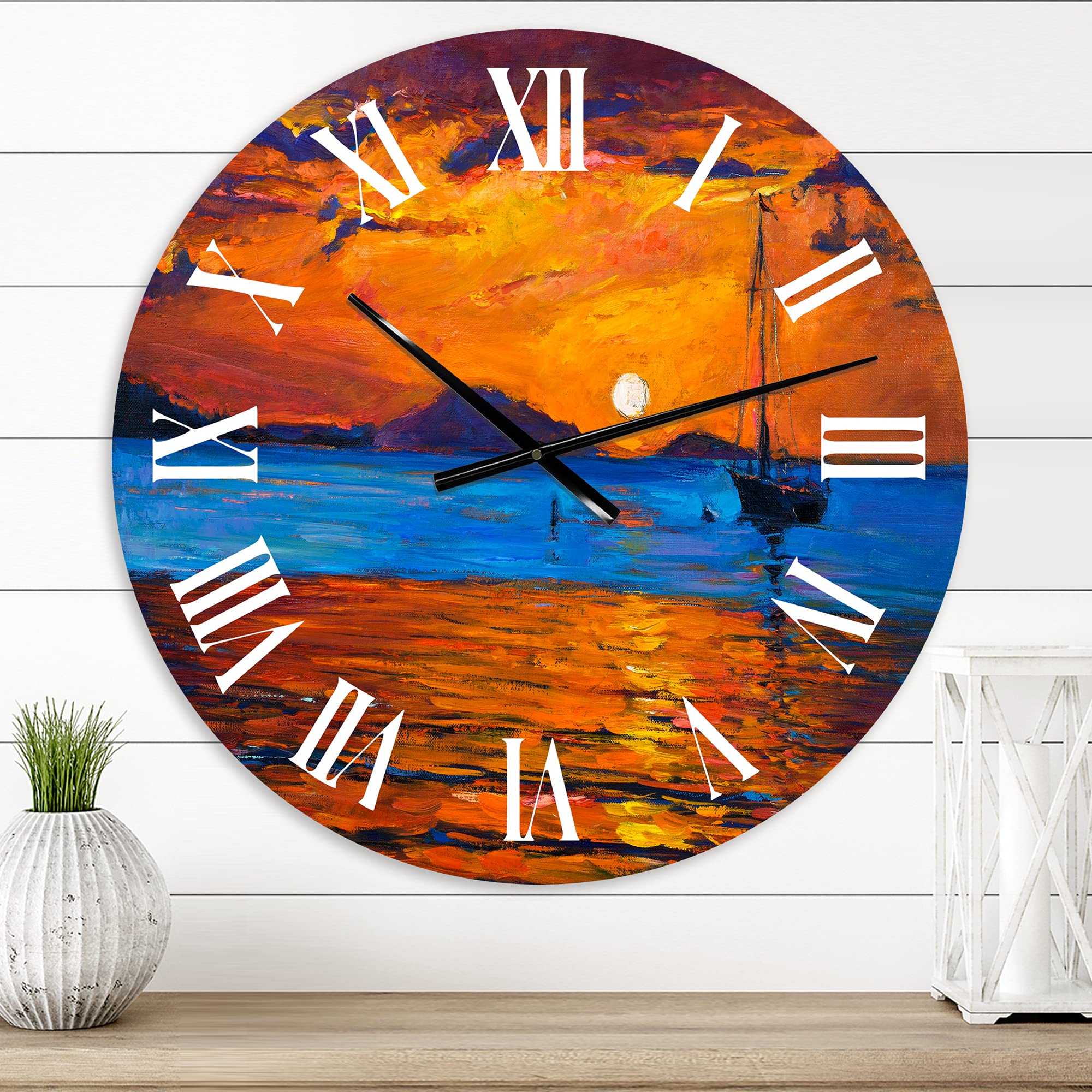 DesignQ Nautical Coastal Wall Clock - Orange Round Boat Sunset Lake Scene Clock for Home, Office & Cabin Decor | Perfect for Beach House, Living Room & Bedroom