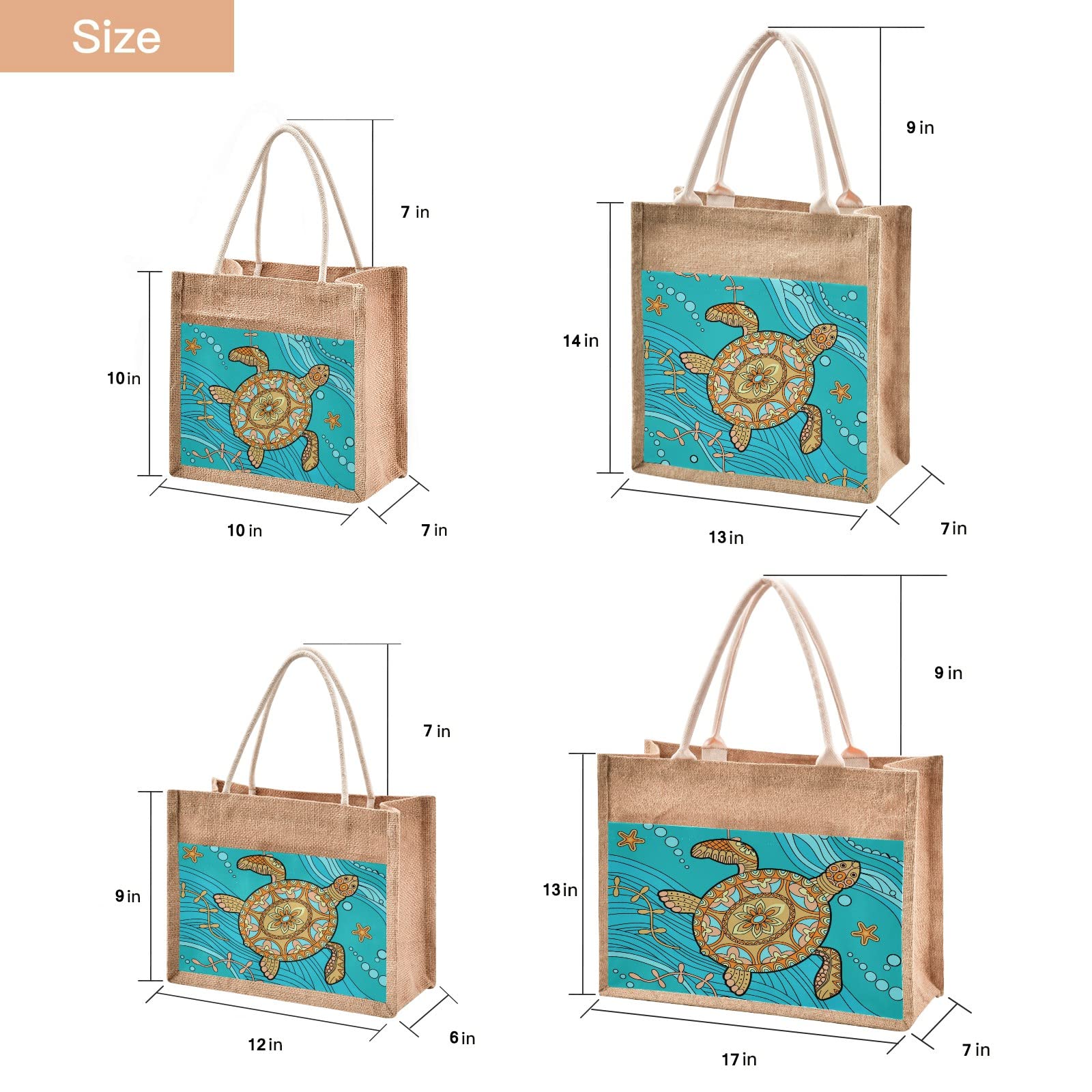 CaTaKu Large Sea Turtle Paisley Jute Tote Bag with Zipper & Handles - 17x13 Inch Eco-Friendly Grocery Shopping Bag with Front Canvas Pocket - Stylish Reusable Gift Bag for Women - Perfect for Beach, Market & Daily Use