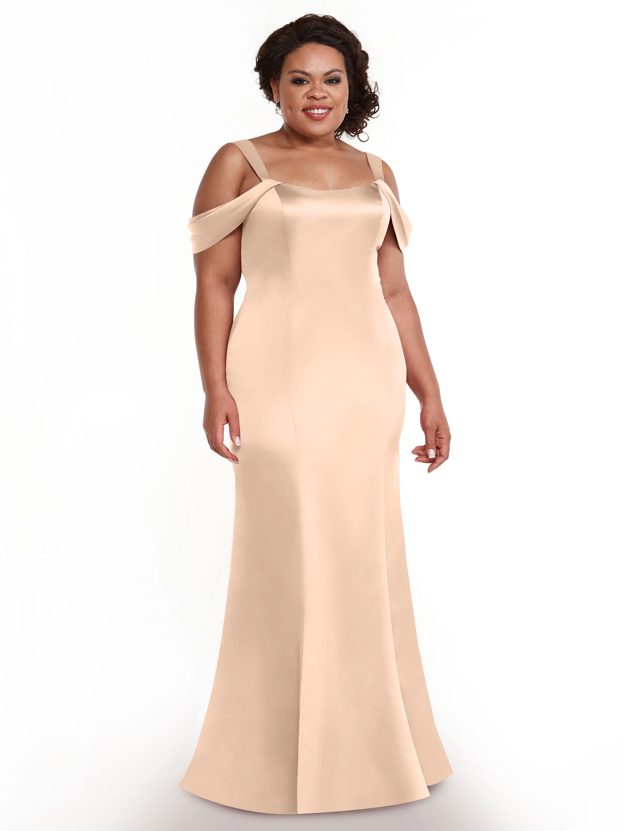 Elegant 80151 Fitted Satin Bridesmaid Dress with Off-The-Shoulder Sleeves - Perfect for Weddings, Formal Events & Special Occasions