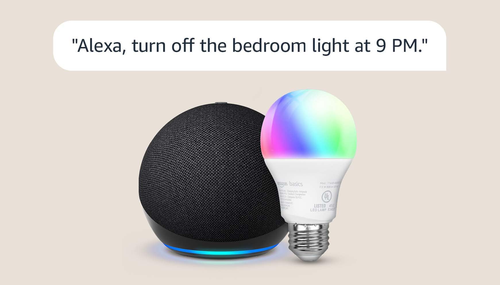 Echo Dot (4th Gen) with Amazon Basics Smart Color Bulb - Smart Speaker & LED Bulb Bundle for Home Automation, Voice Control & Mood Lighting