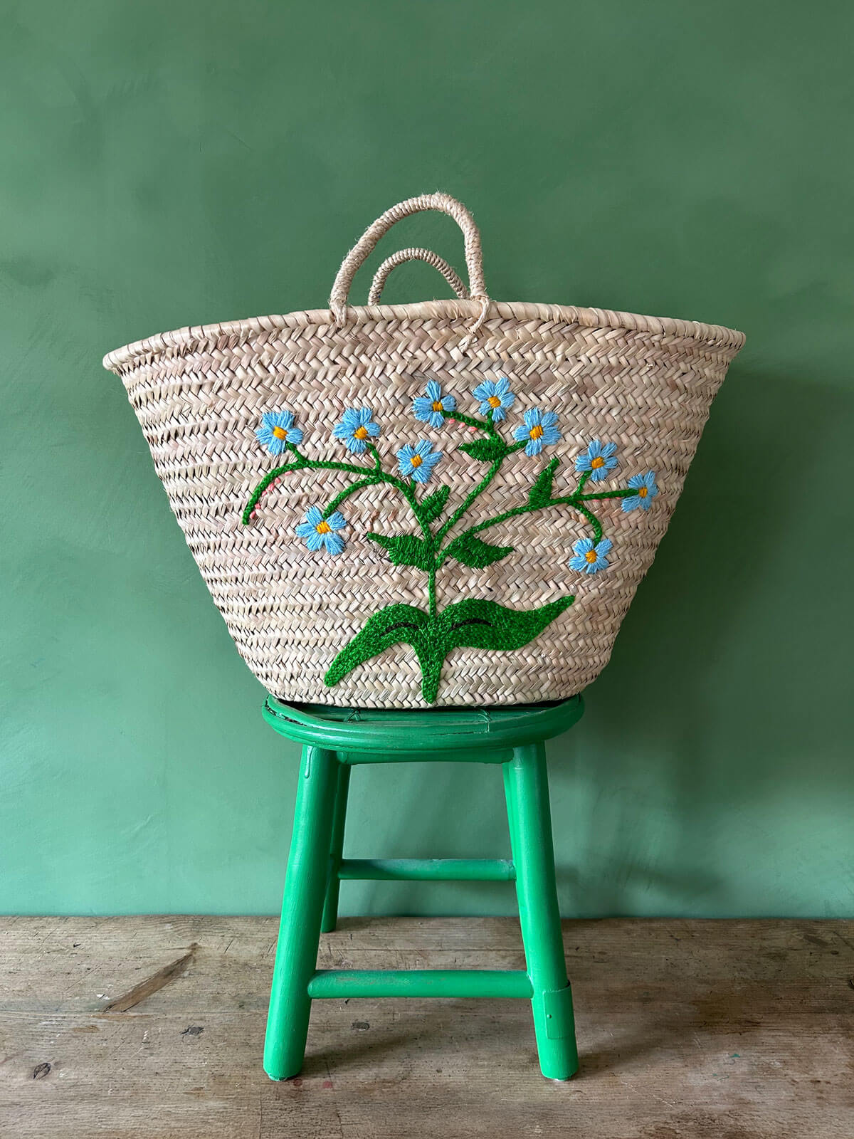 Hand Embroidered Market Basket with Forget-Me-Not Flowers - Eco-Friendly Cotton Tote for Grocery Shopping, Picnics & Farmers Market (Blue Floral Design)