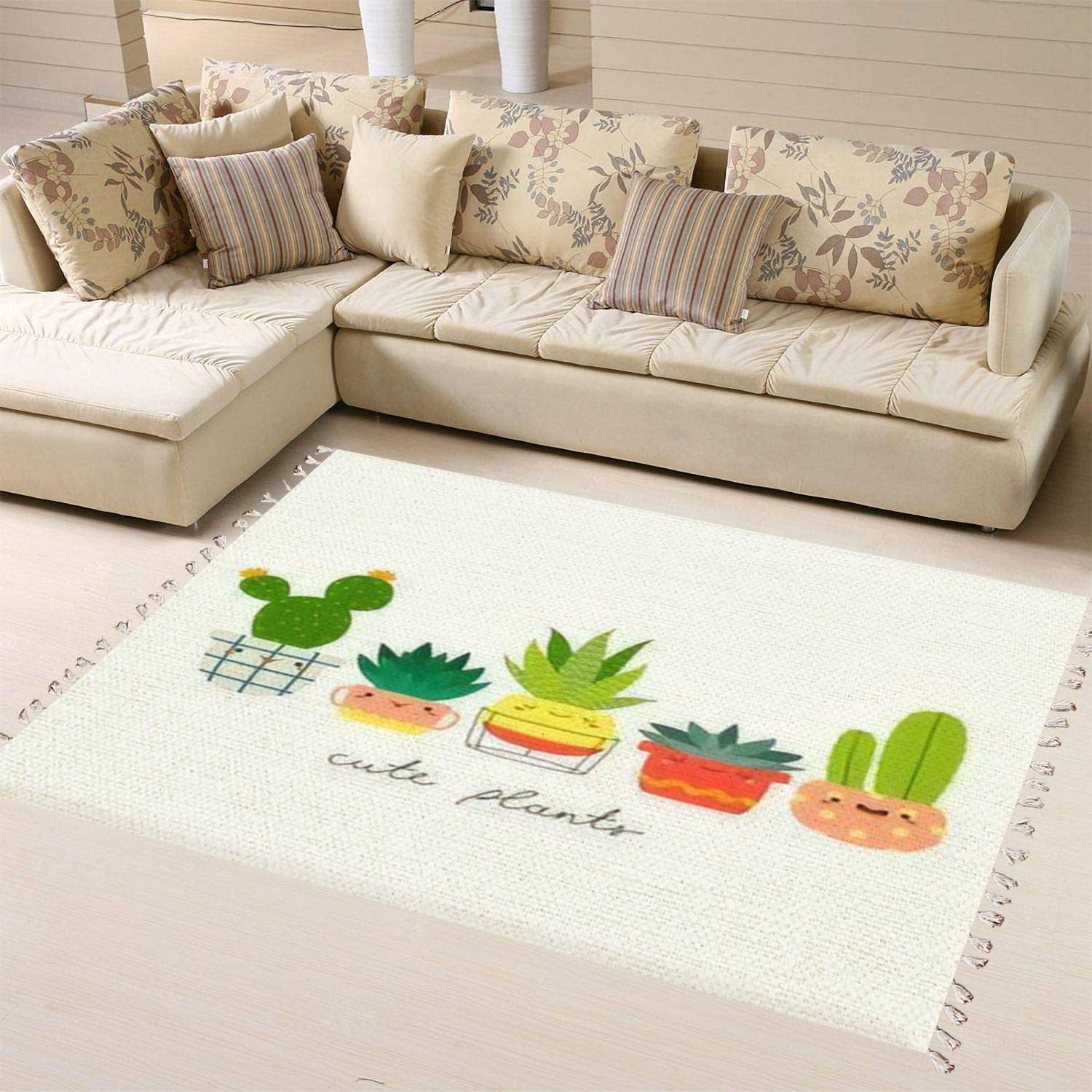 Boho Rug Set with Cute Cacti & Succulent Designs - Funny Face Pot Prints - Washable Area Rugs for Patio, Hallway, Living Room & Bedroom - Indoor/Outdoor Minimalist Mats - Perfect for Home Decor, Dorm Room & Cozy Spaces