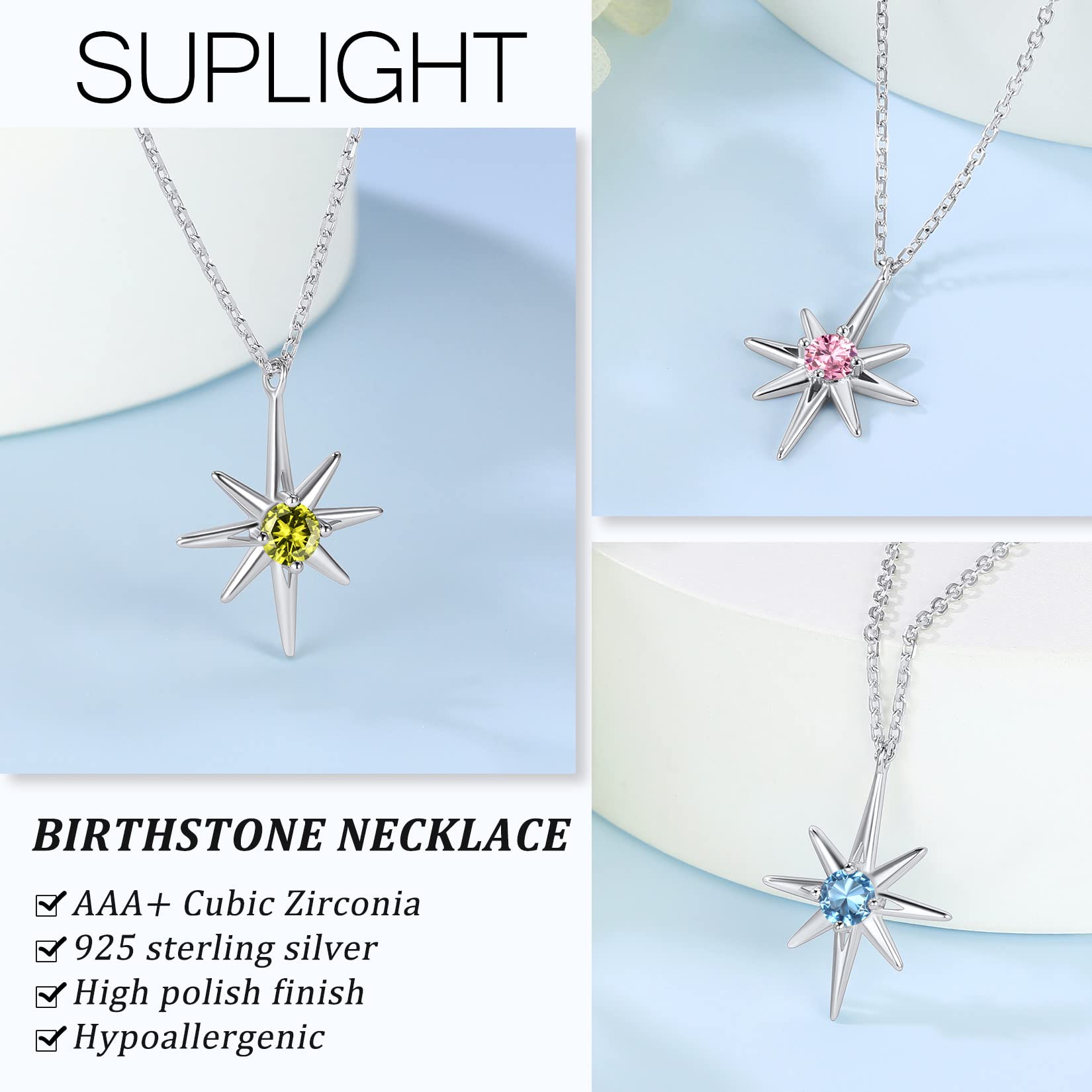 Suplight 925 Sterling Silver Dainty Birthstone North Star Starburst Stud Earrings & Necklace Set for Women - Perfect Gift for Birthday, Anniversary & Everyday Elegance