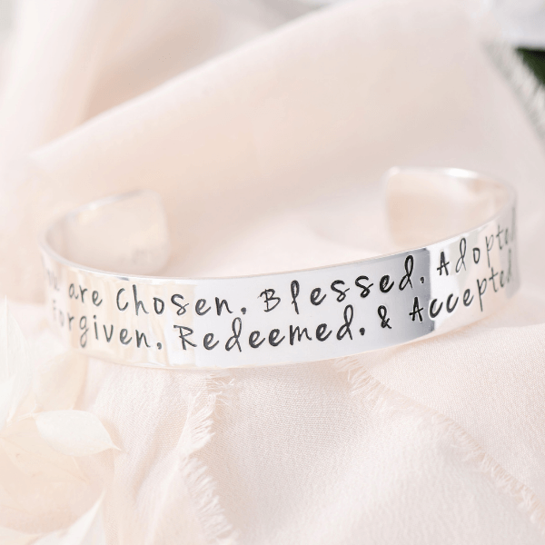 You Are Chosen & Blessed Sterling Silver Cuff Bracelet - Elegant Religious Jewelry for Women, Gift for Baptism, Confirmation & Spiritual Occasions