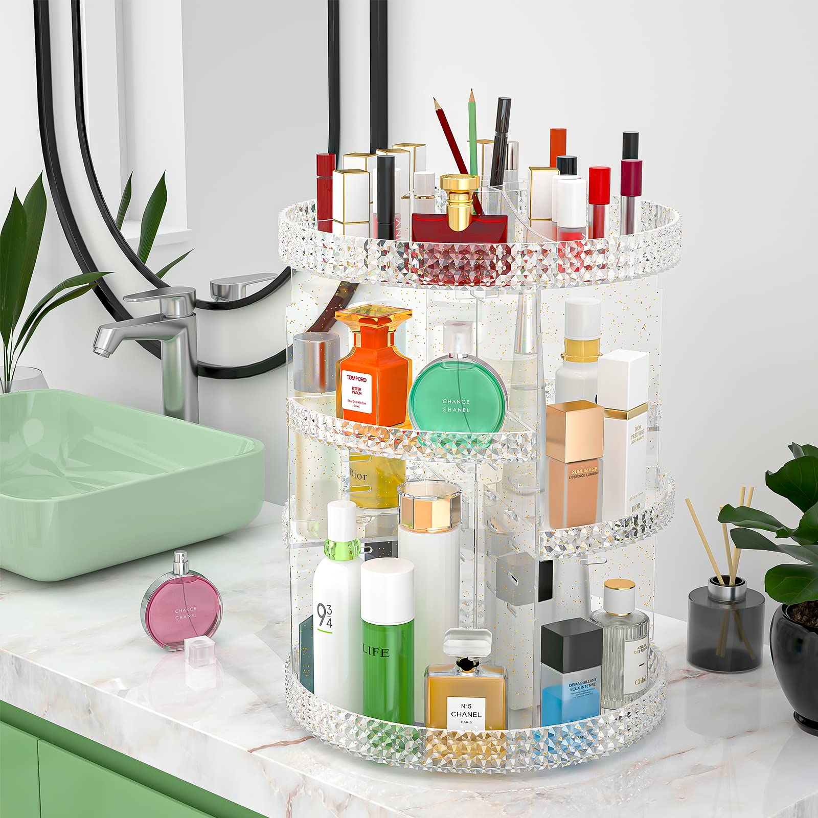 360 Degree Rotating Makeup Organizer with 7 Layers - Large Capacity Cosmetic Storage for Makeup Brushes & Lipsticks - Gold Vanity Organizer for Bathroom & Dressing Table - Perfect for Beauty Salon, Home Decor and Gift Giving