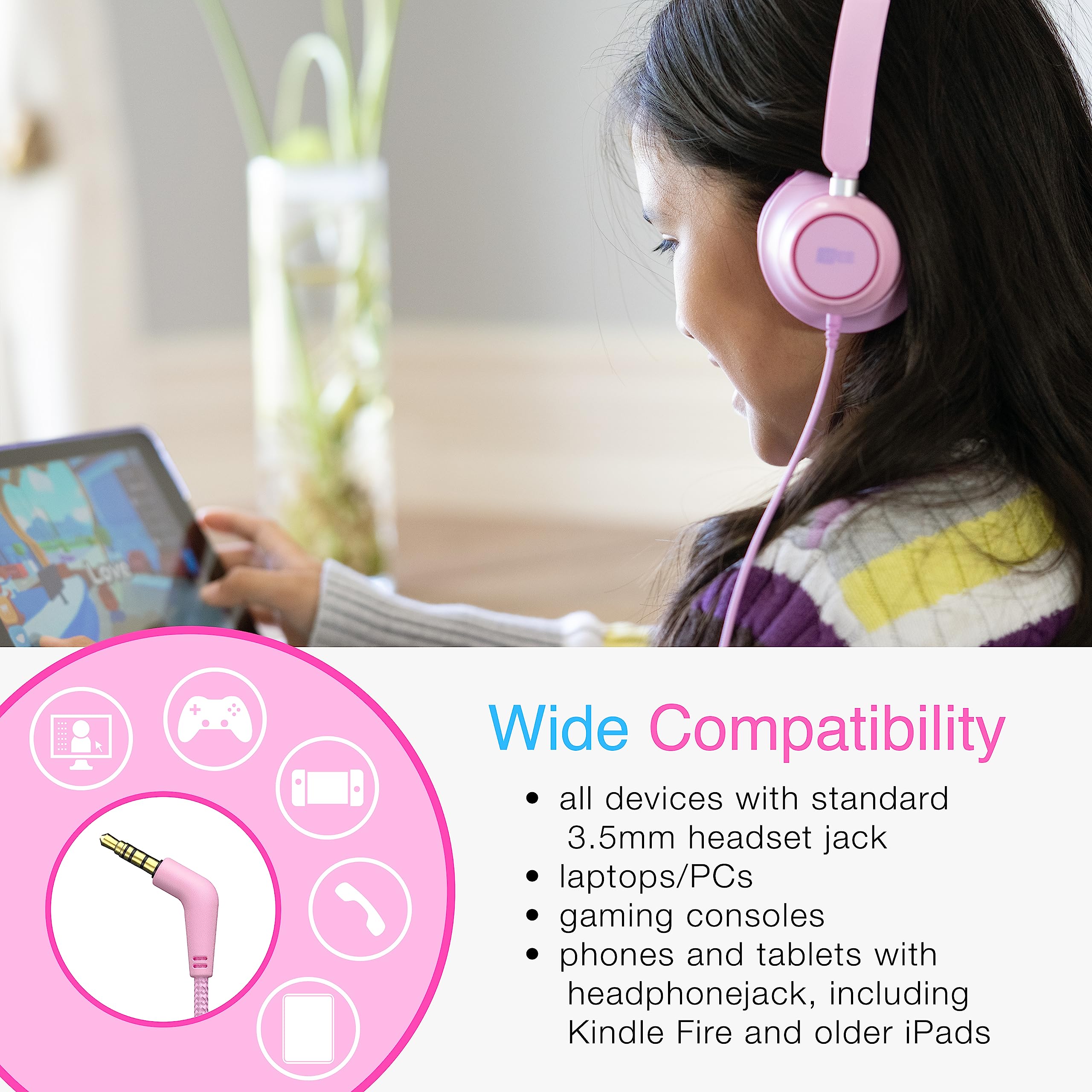 MEE audio KidJamz KJ45 Kids Headphones with Volume Limiter & Built-in Mic - Safe On-Ear Adjustable Headset for Children, 3.5mm Jack Wired - Ideal for Online Learning, School Classes, Travel & Tablet Use (Pink/Magenta)