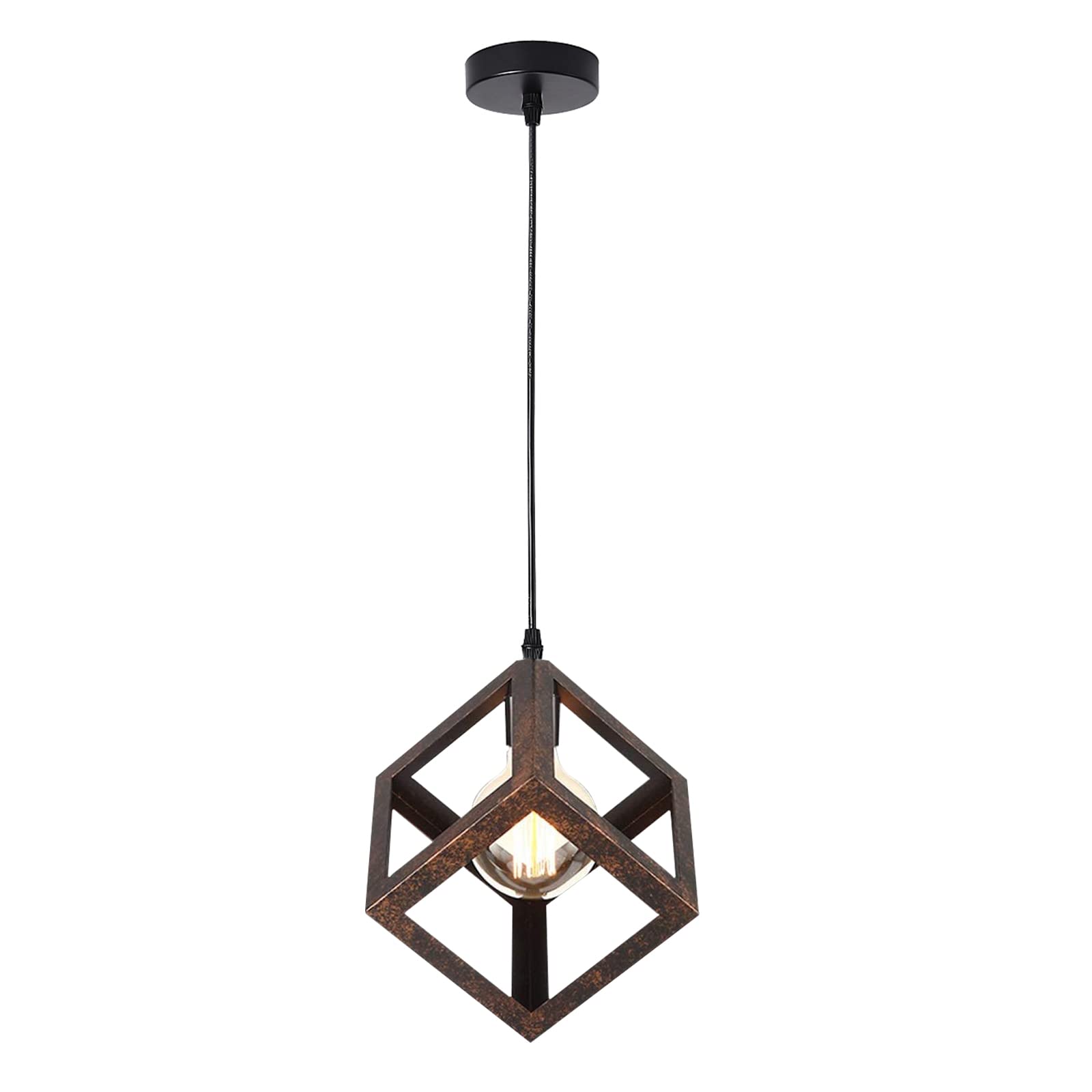 Vintage Industrial Cage Pendant Light - Retro Metal Cube Ceiling Lamp with E27 Socket, Single Head Edison Bulb - Perfect for Home, Bar, Cafe, Restaurant & Loft Decor (Rust Color)