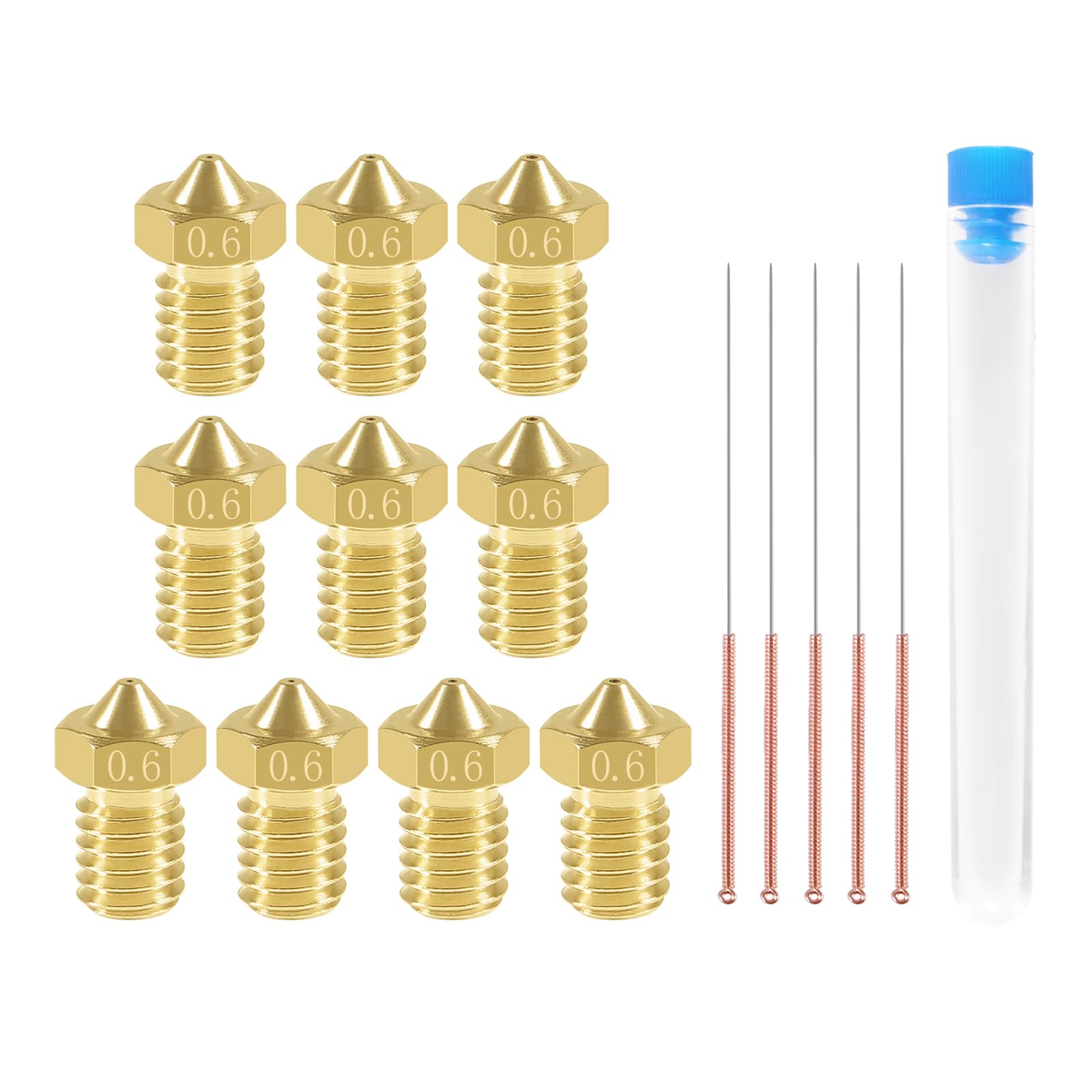 Aokin 10-Pack 0.6mm Brass 3D Printer Nozzles for E3D V5/V6 & 5-Pack 0.5mm Nozzle Cleaning Needles - Compatible with 1.75mm Filament | Perfect for High-Precision Printing & Maintenance