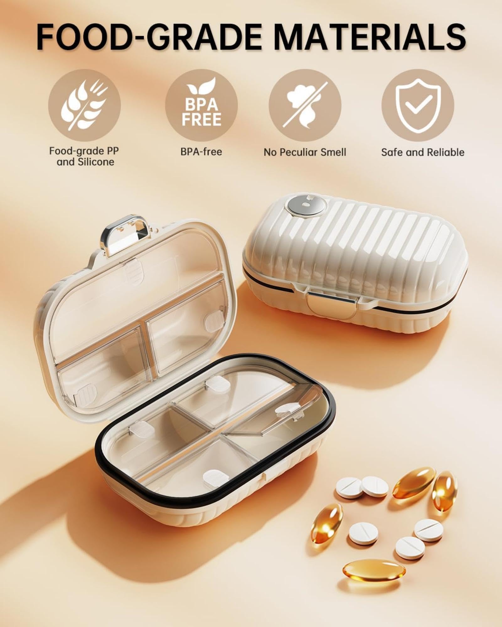 GLEEMEN 7-Day Pill Organizer Box (2-Pack) - Large & Small Portable Weekly Pill Case with 7 Compartments - Daily Medication Storage & Travel Essentials for Vitamins, Supplements & Pills (Beige) | Perfect for Home, Office & Vacation Use