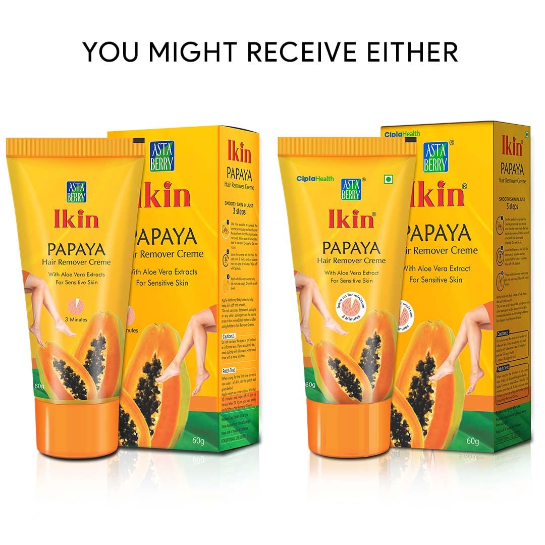 Ikin Papaya Hair Removal Cream for Sensitive Skin - Gentle Bikini & Body Hair Remover for Women & Girls (2 Pack, 60g Each) | Painless Depilatory Cream for Smooth Skin at Home or Travel