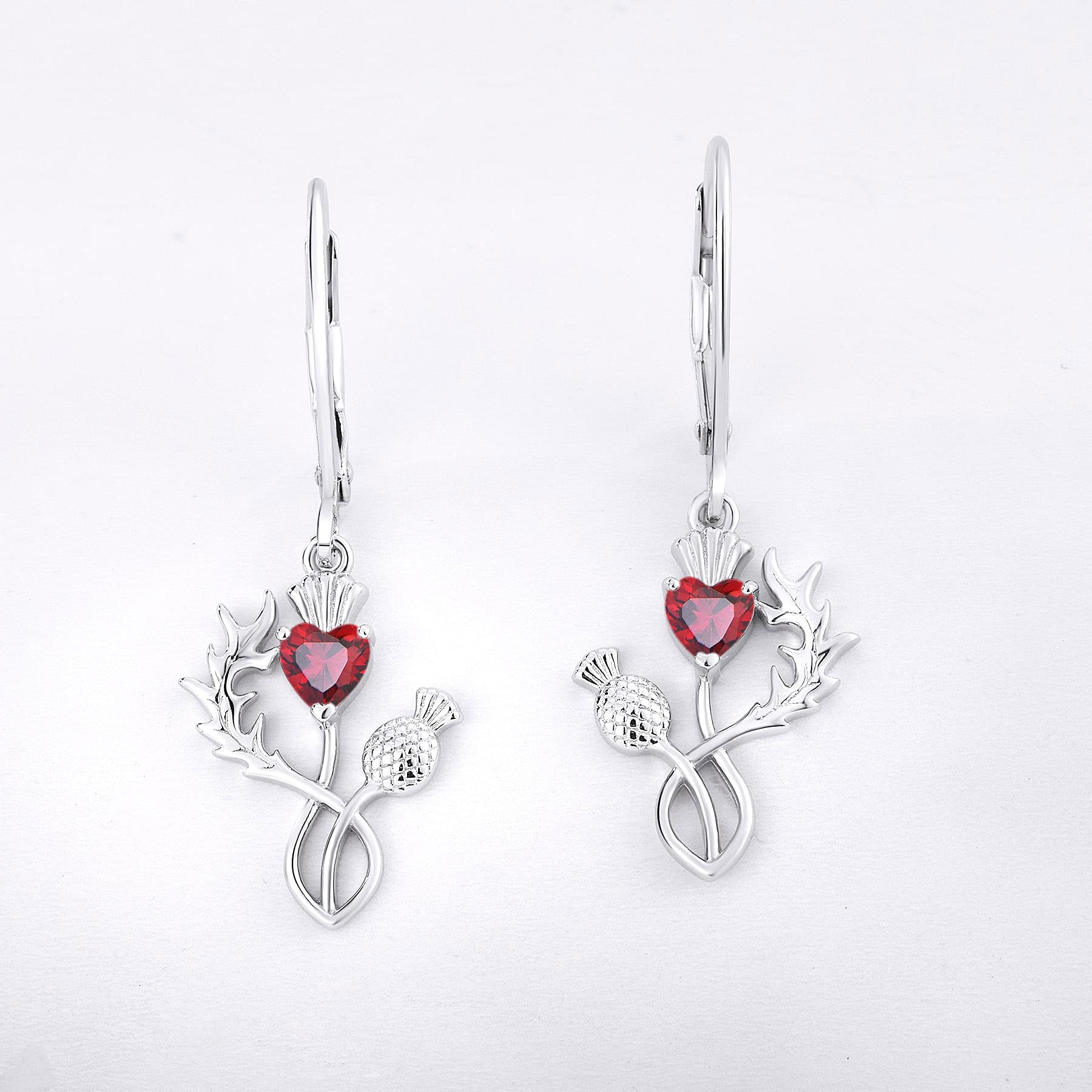 JO WISDOM Scottish Thistle Earrings - 925 Sterling Silver Scotland Flower Heart Outlander Drop Dangle Earrings with 3A CZ Birthstone - Women's Celtic Jewelry for Wedding, Party & Everyday Wear